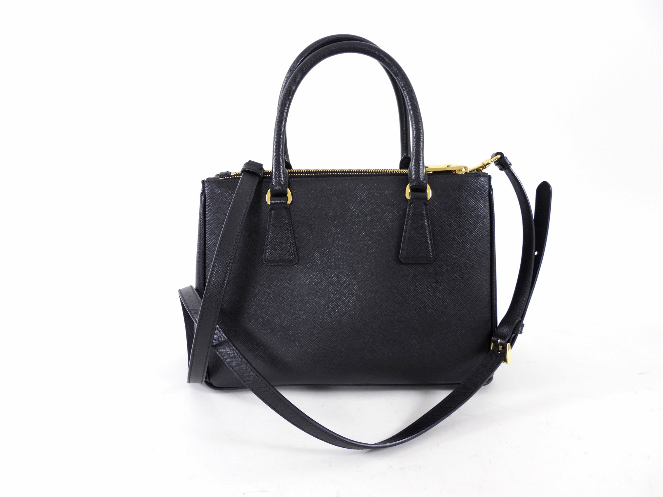 Prada Small Black Saffiano Leather Double Zip Galleria Tote Bag
