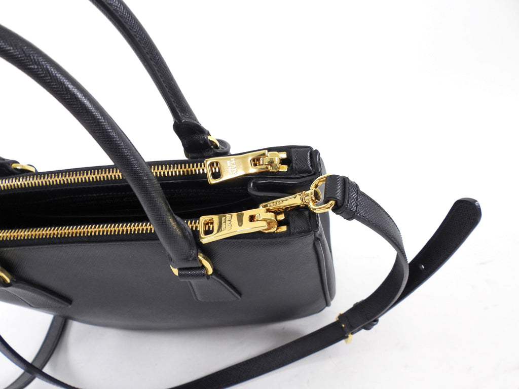 Prada Small Black Saffiano Leather Double Zip Galleria Tote Bag