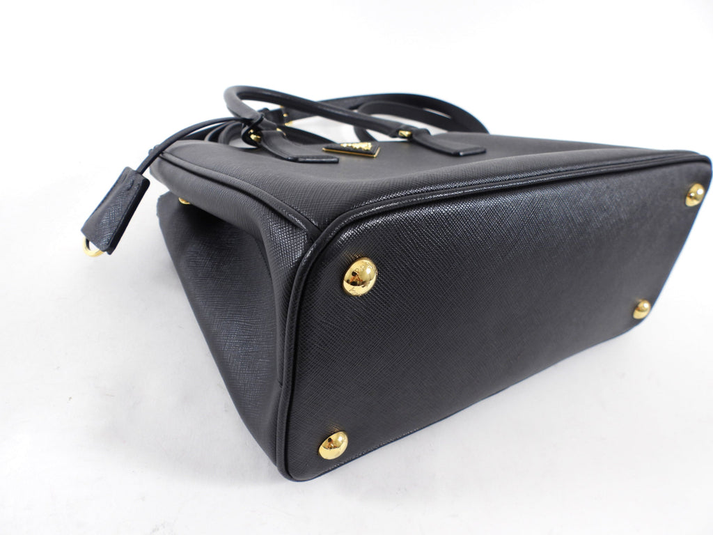 Prada Small Black Saffiano Leather Double Zip Galleria Tote Bag