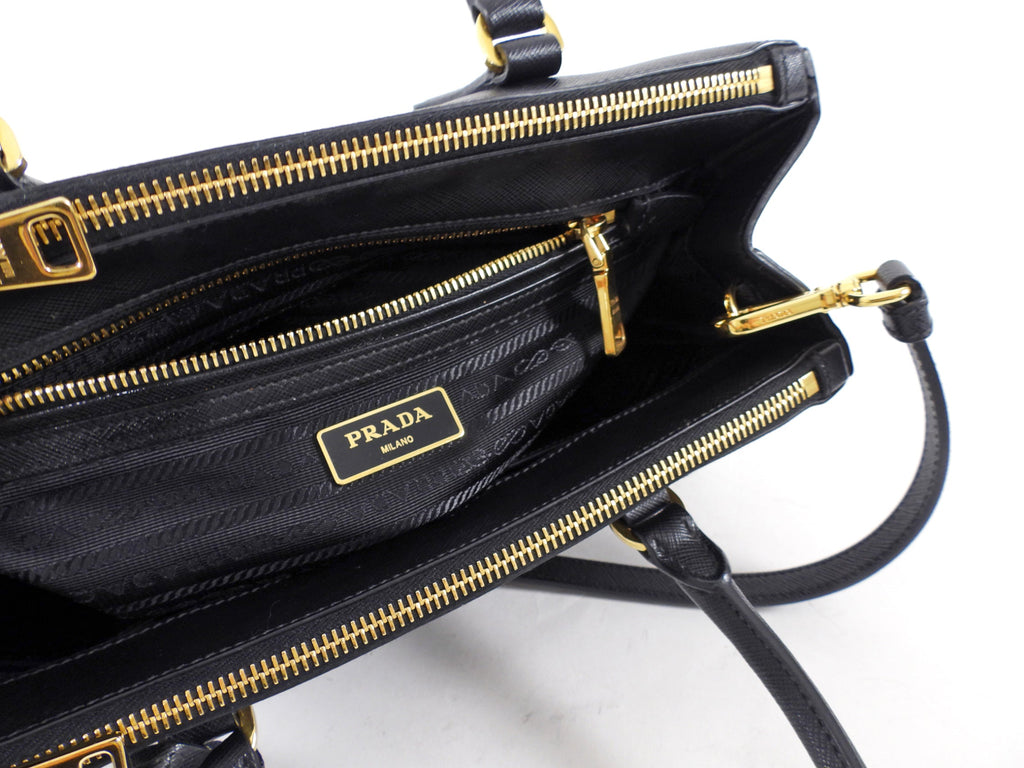 Prada Small Black Saffiano Leather Double Zip Galleria Tote Bag