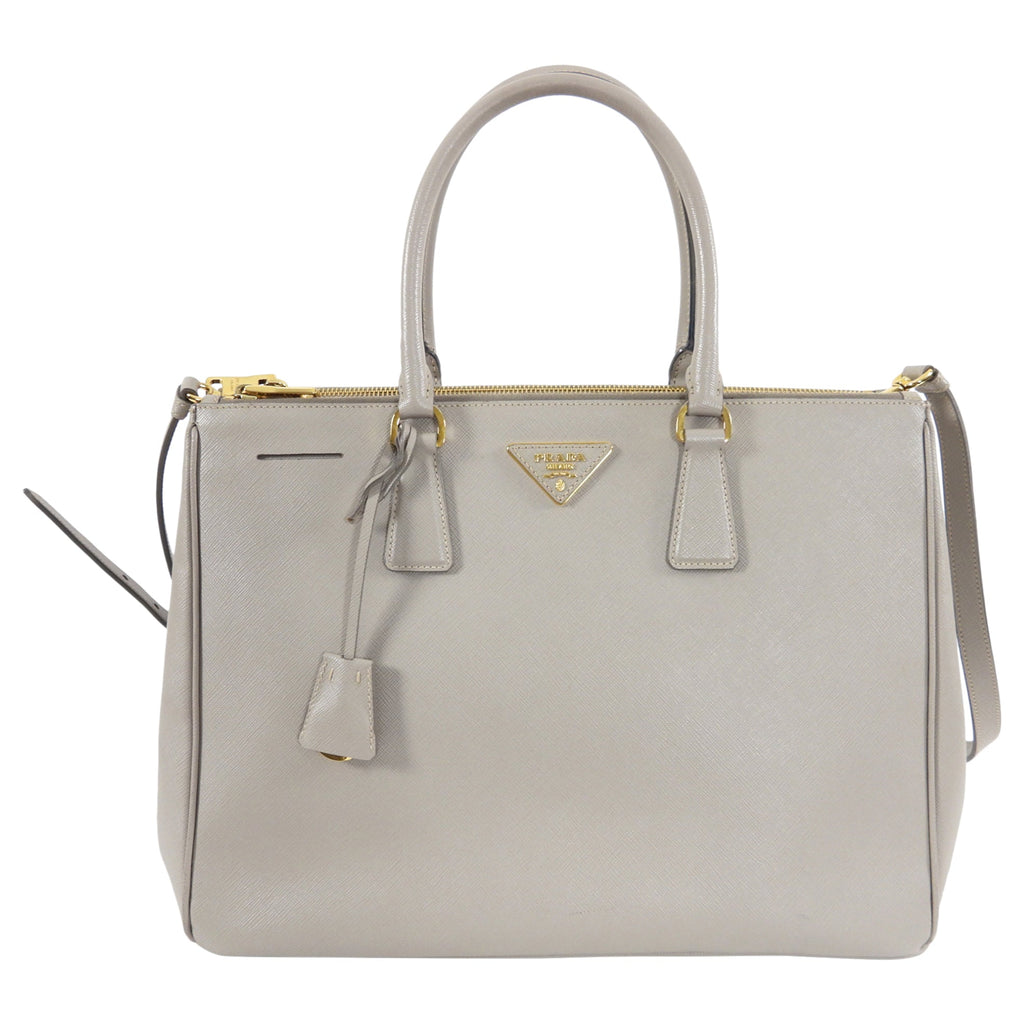 Prada Large Grey Saffiano Lux Galleria Double Tote Bag