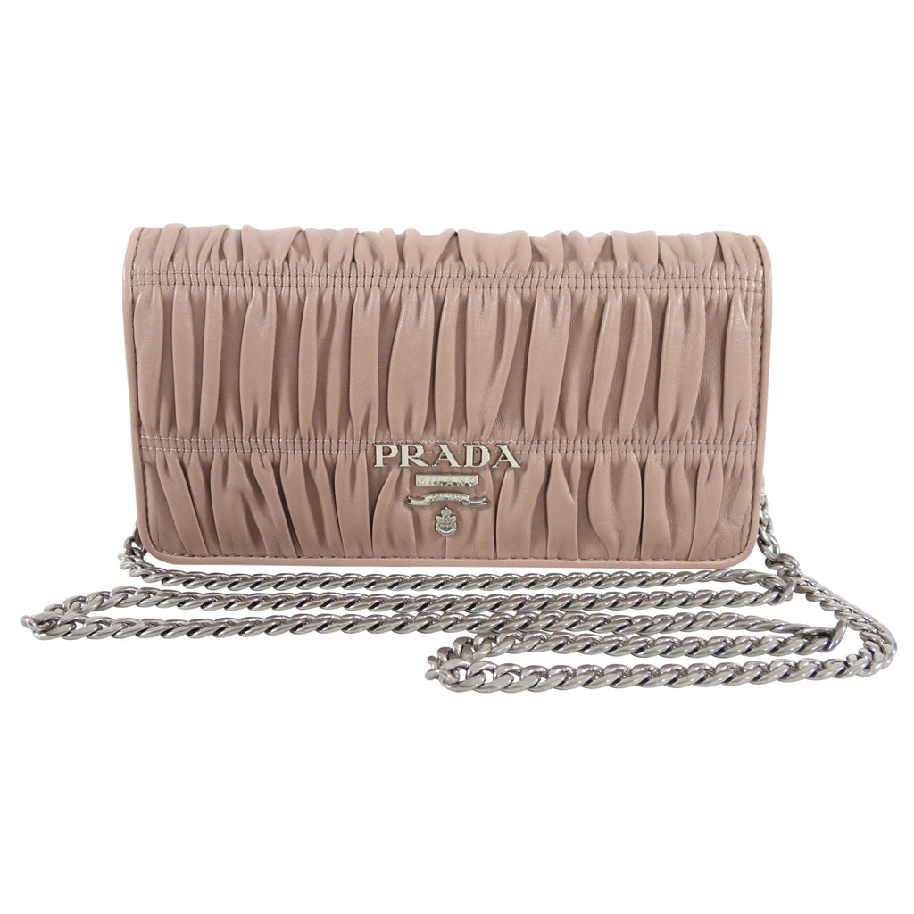 Prada Mini Nude Leather Gaufre Pleat Wallet on Chain