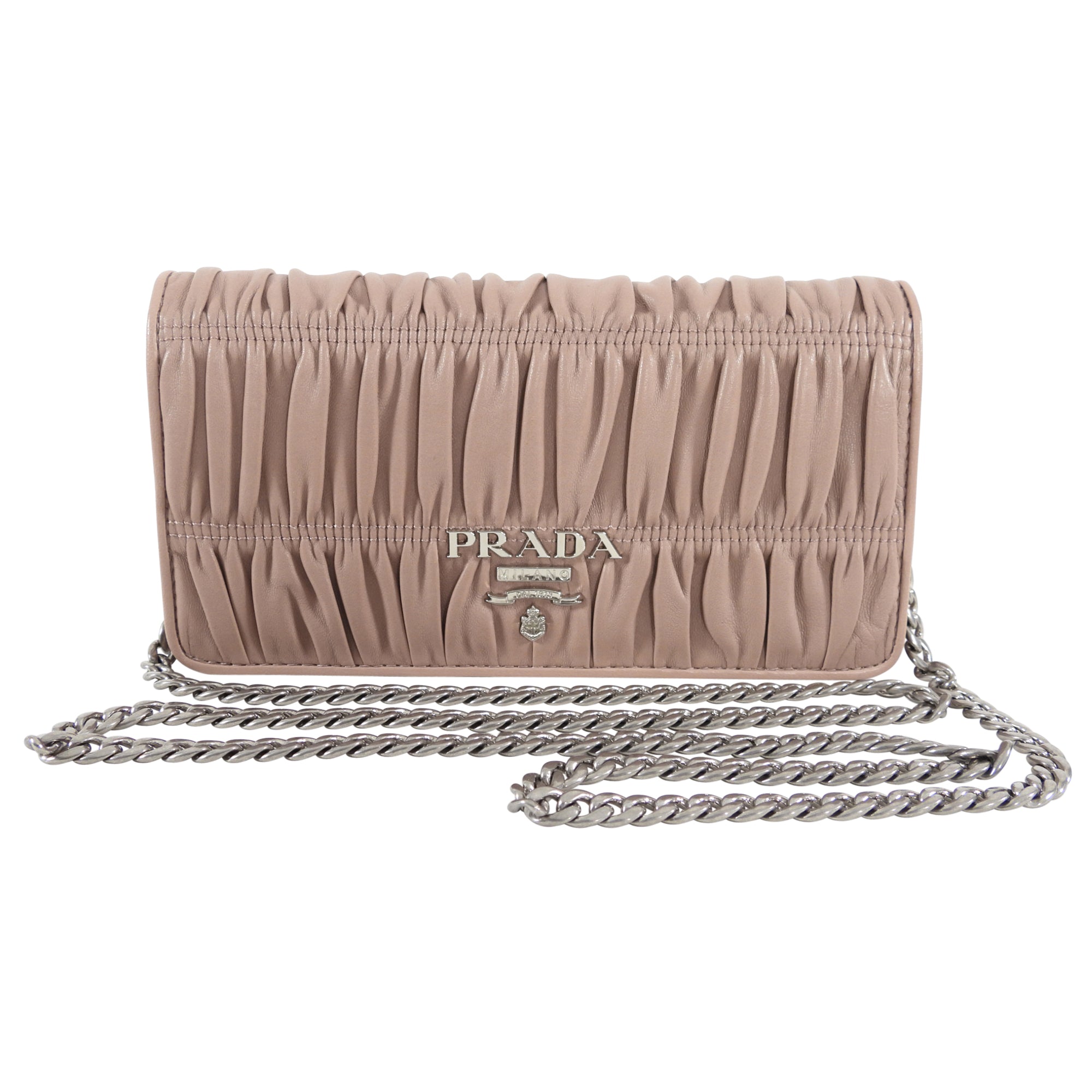 Prada Mini Nude Leather Gaufre Pleat Wallet on Chain