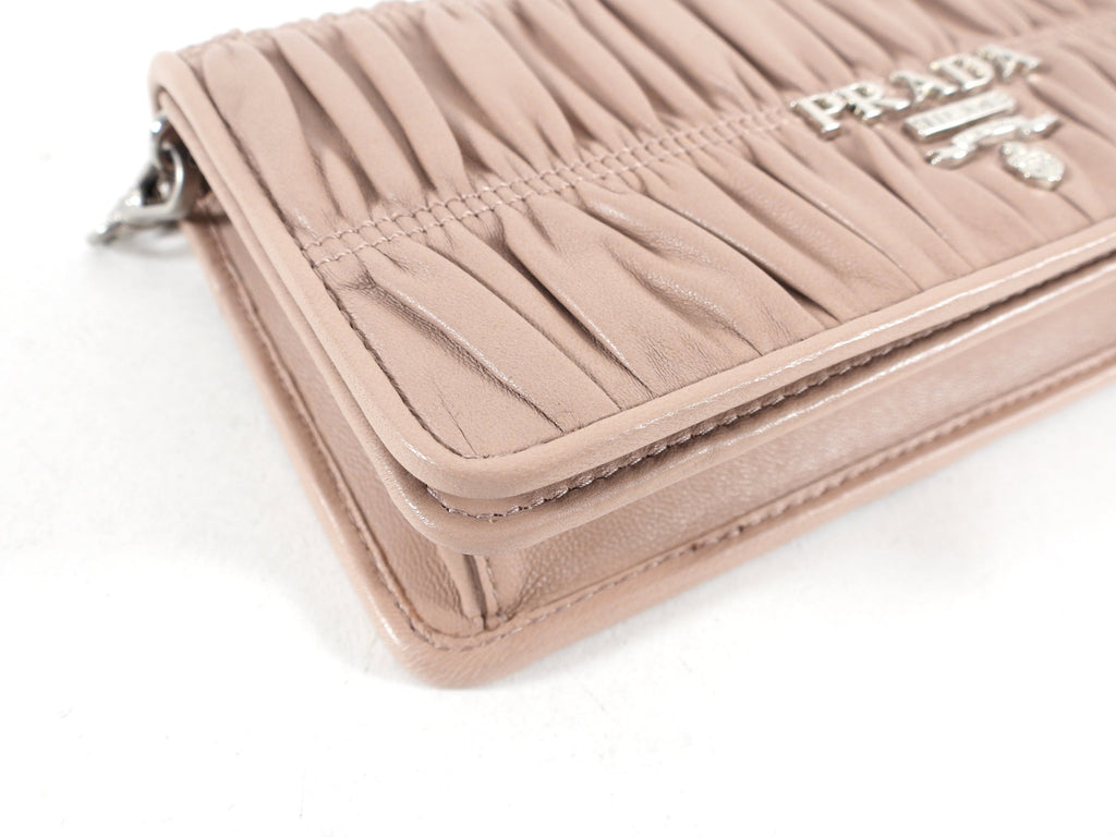 Prada Mini Nude Leather Gaufre Pleat Wallet on Chain