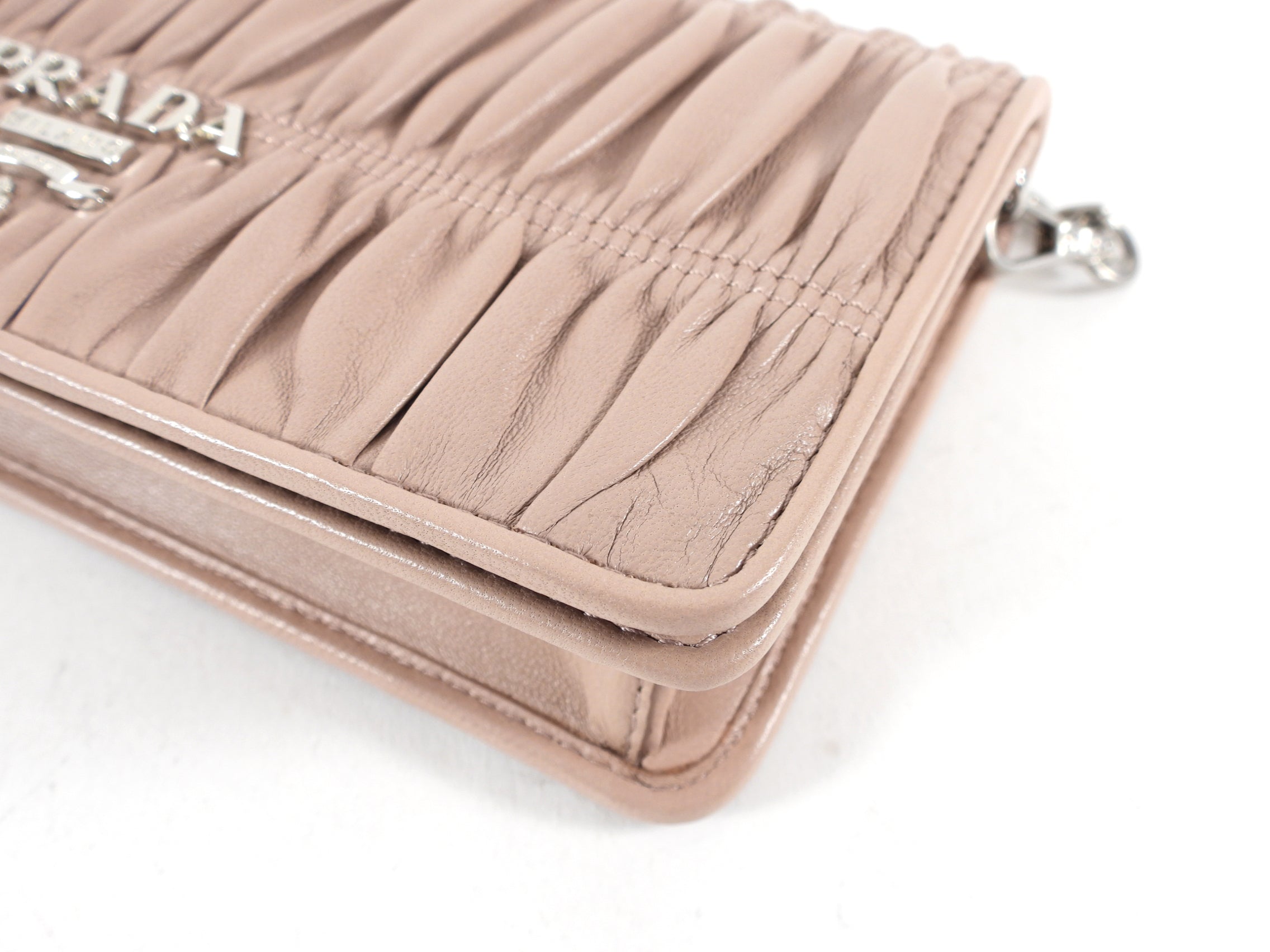 Prada Mini Nude Leather Gaufre Pleat Wallet on Chain