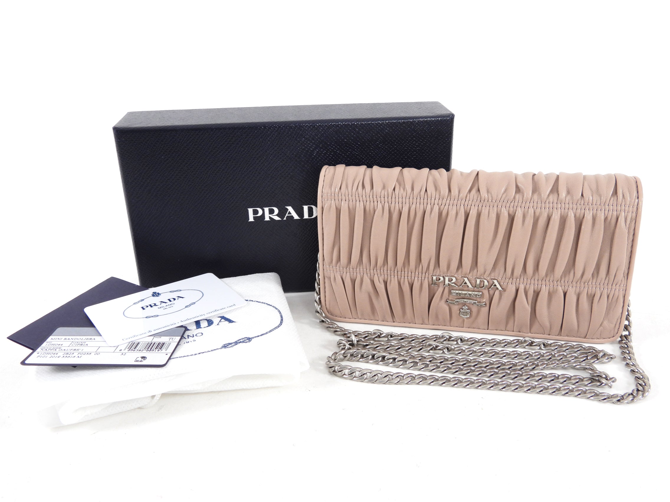 Prada Mini Nude Leather Gaufre Pleat Wallet on Chain