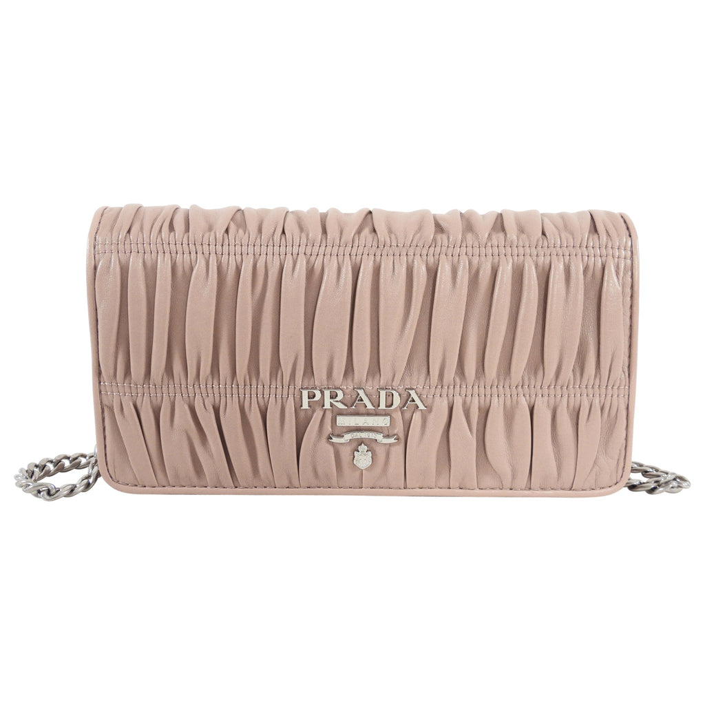 Prada Mini Nude Leather Gaufre Pleat Wallet on Chain