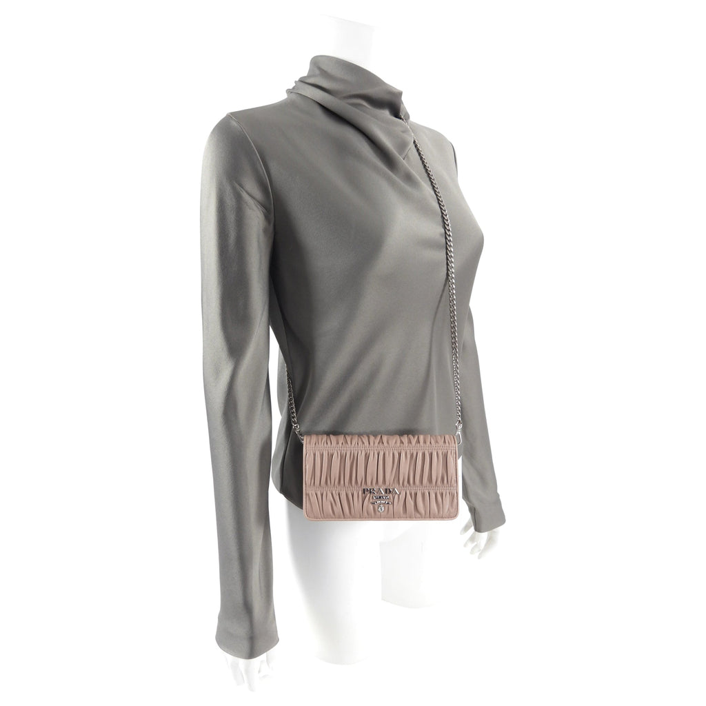 Prada Mini Nude Leather Gaufre Pleat Wallet on Chain
