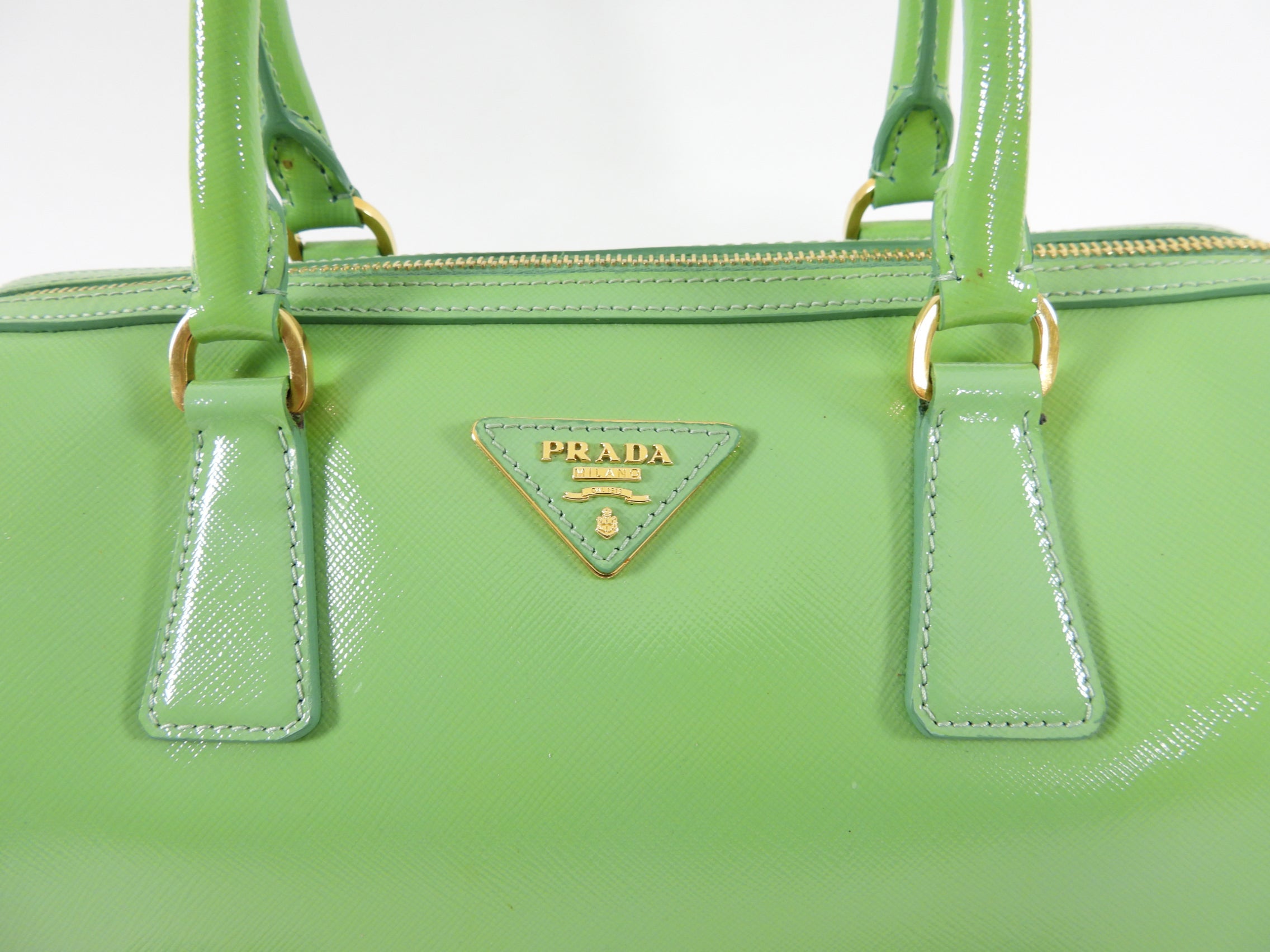 Prada Lime Green Saffiano Vernice Bauletto Small Doctor Bag