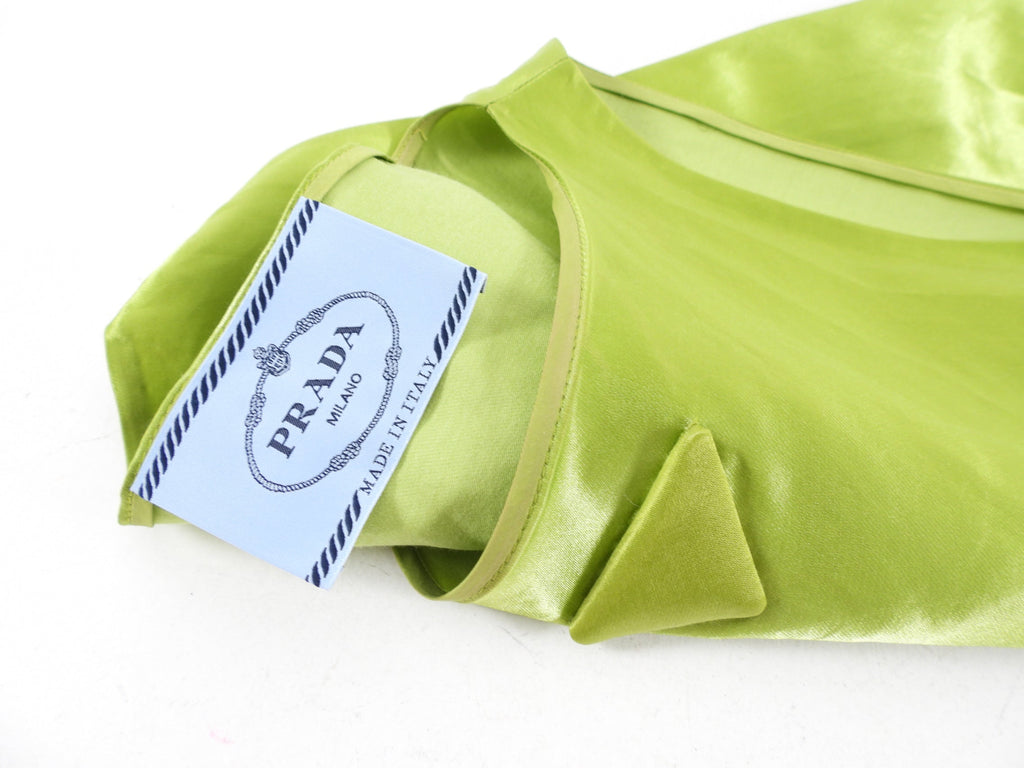 Prada Lime Green Satin Shift Dress with Triangle Logo - M (8)