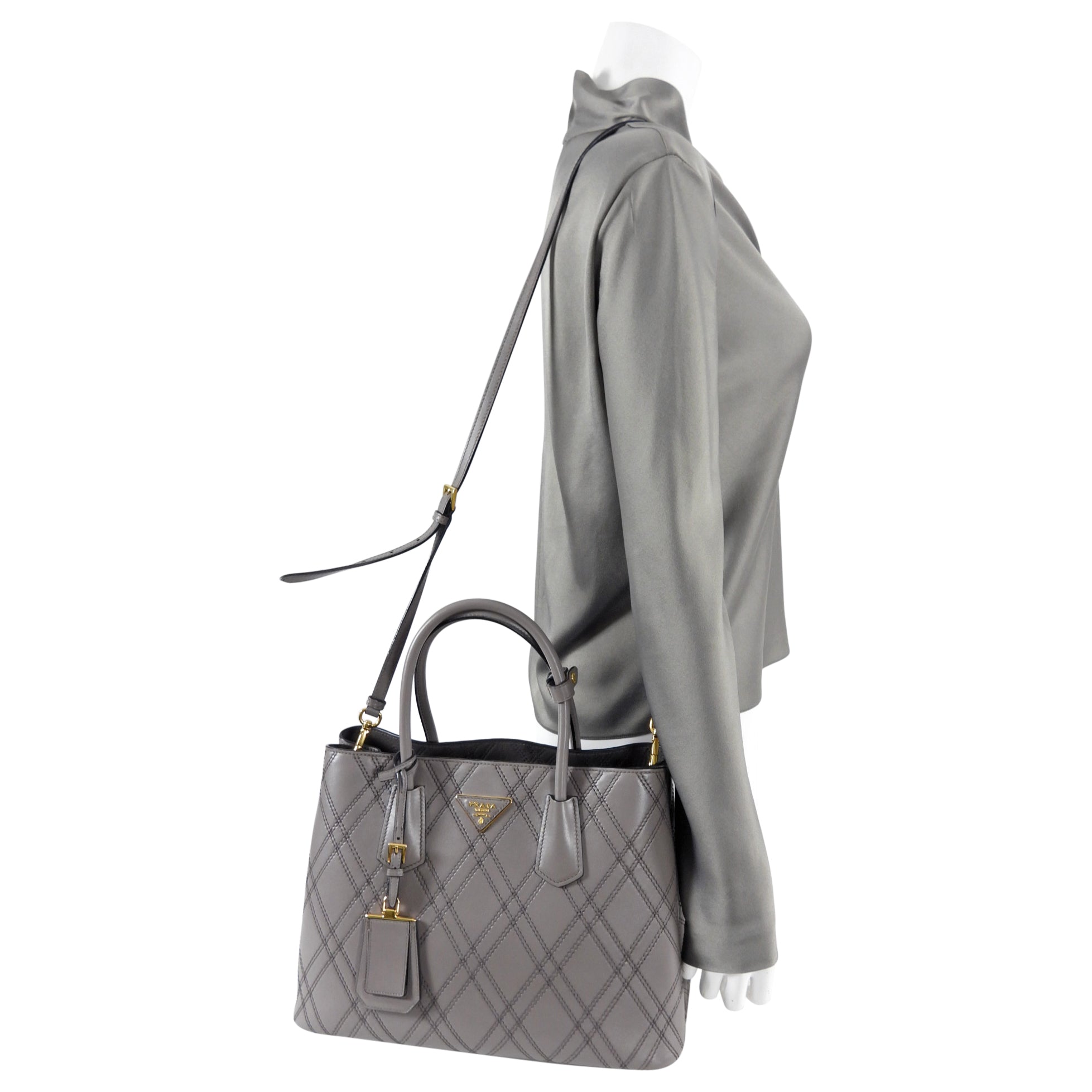 Prada Gray Argilla Diamond Quilt Two-Way Tote Bag
