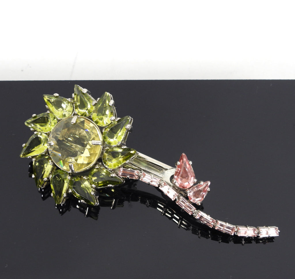 Prada Green and Pink Crystal Flower Hair Clip Pin