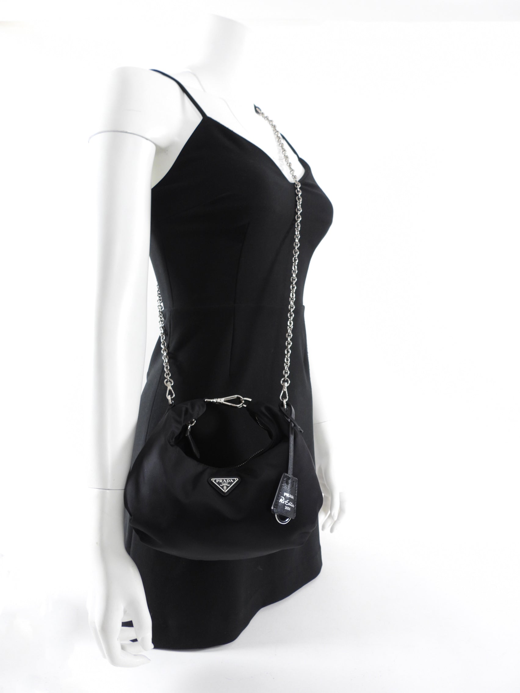 Prada Black Nylon Re-Edition 2006 Chain Hobo Bag