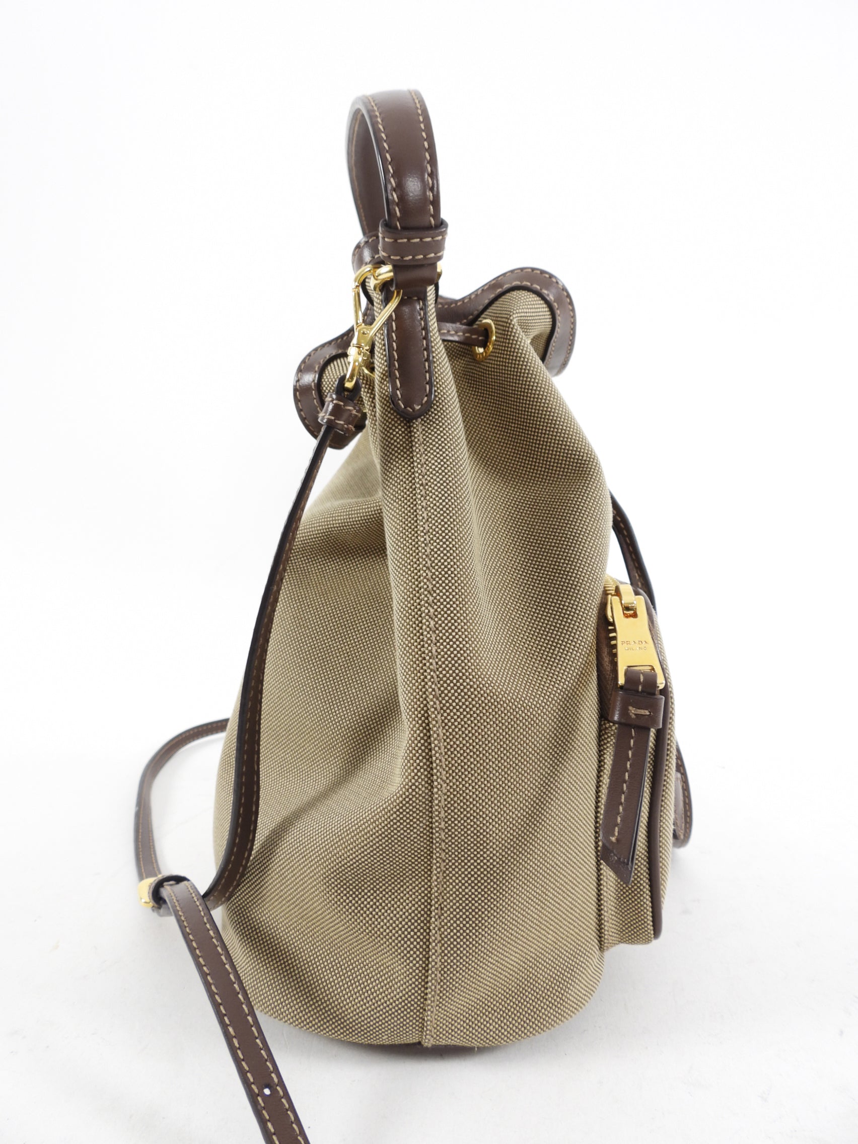 Prada Small Brown Logo Jacquard Two-way Bucket Bag