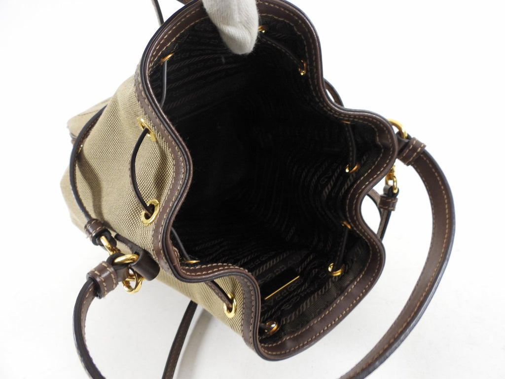 Prada Small Brown Logo Jacquard Two-way Bucket Bag