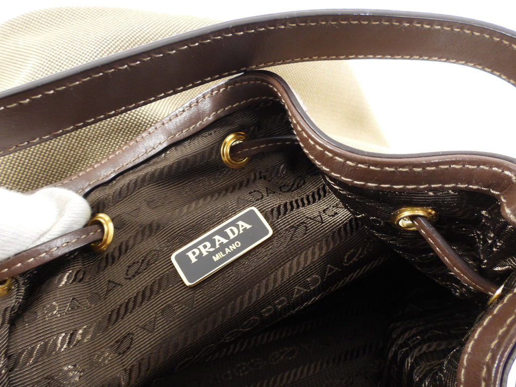 Prada Small Brown Logo Jacquard Two-way Bucket Bag