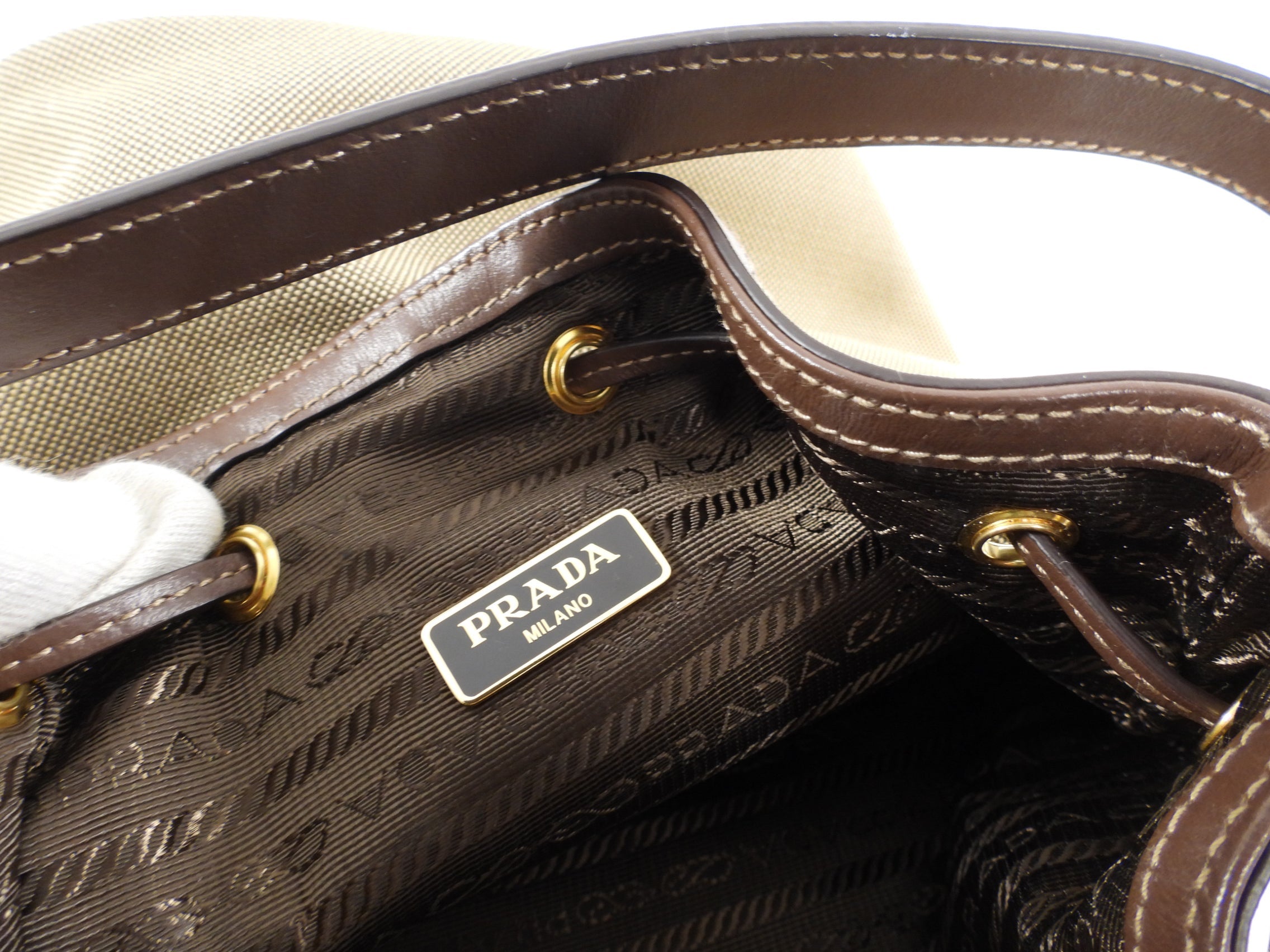 Prada Small Brown Logo Jacquard Two-way Bucket Bag