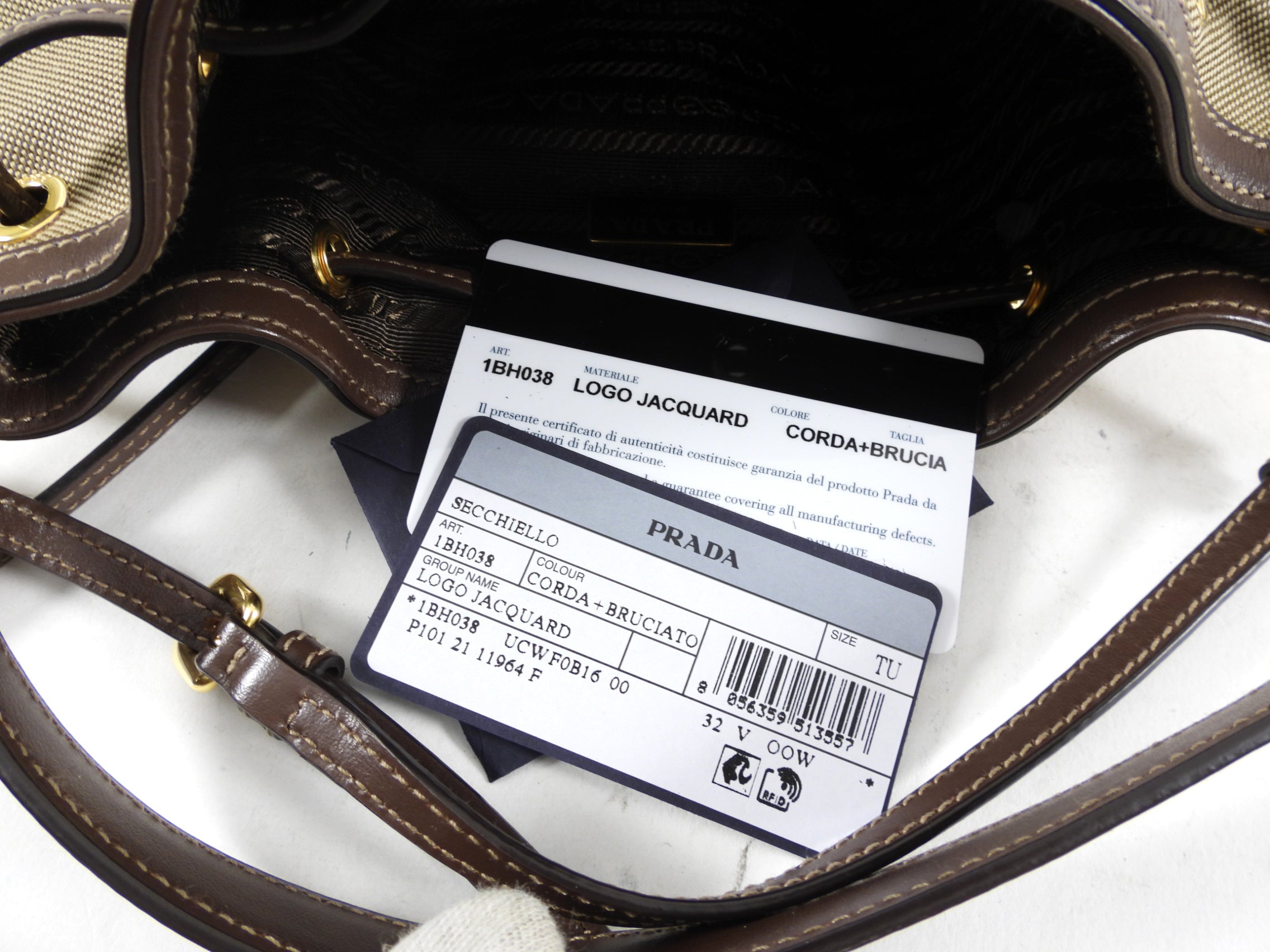 Prada Small Brown Logo Jacquard Two-way Bucket Bag