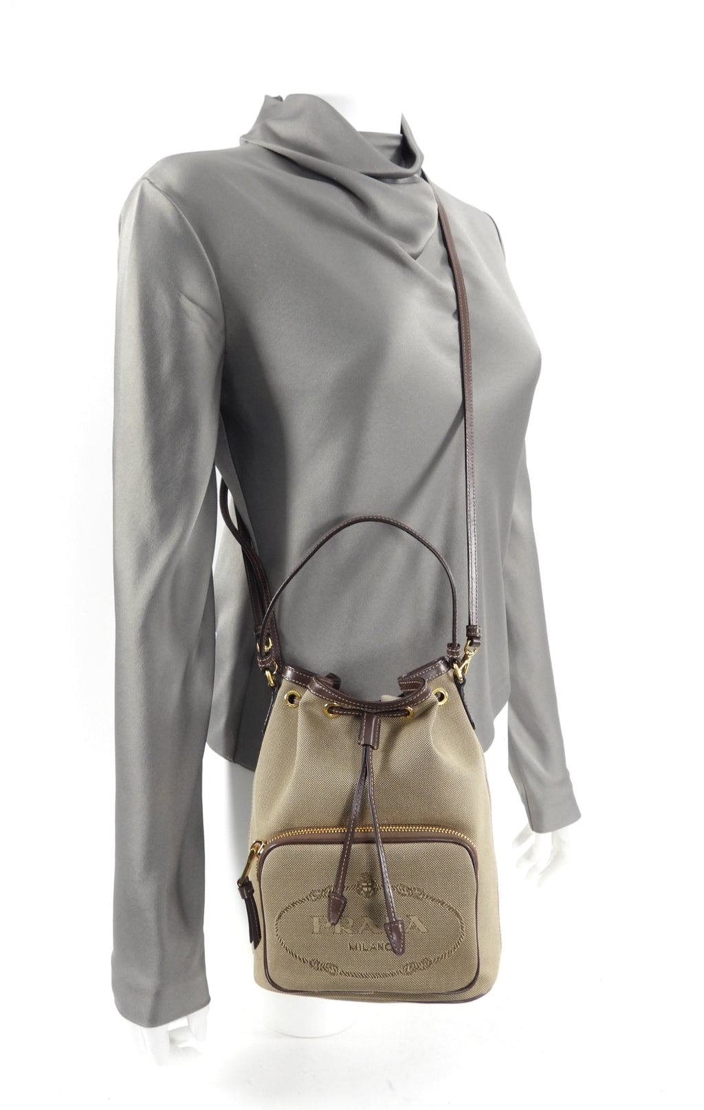 Prada Small Brown Logo Jacquard Two-way Bucket Bag