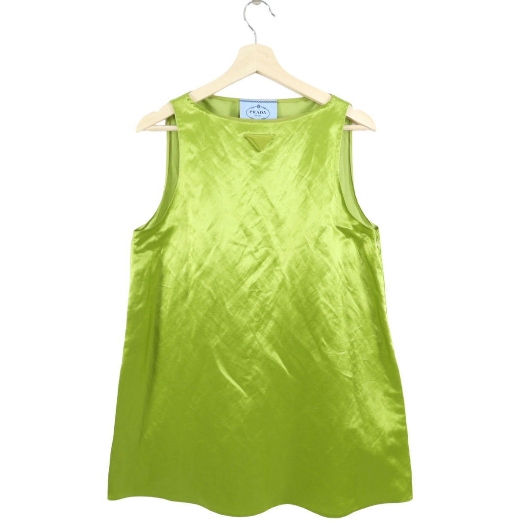 Prada Lime Green Satin Shift Dress with Triangle Logo - M (8)