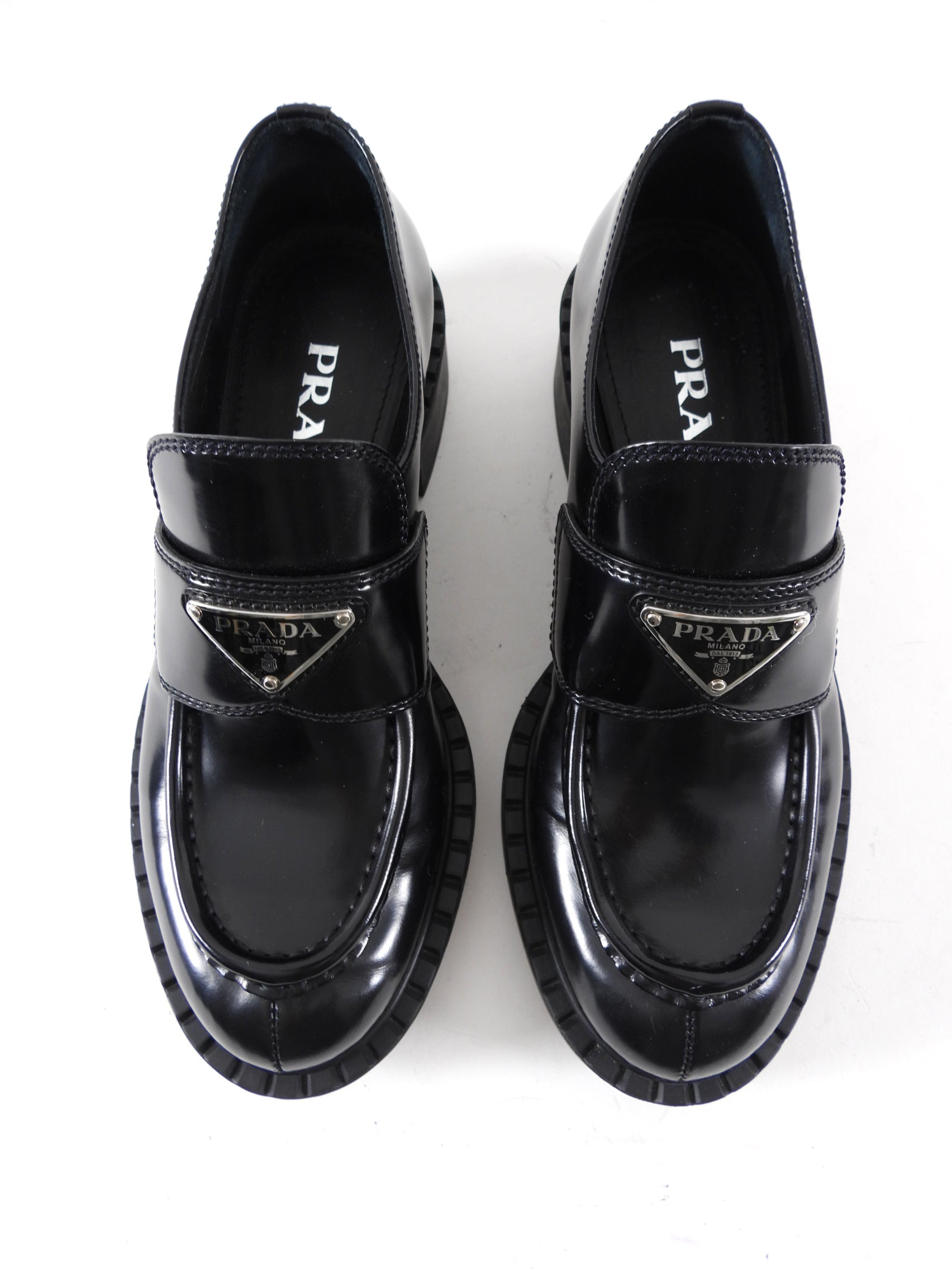 Prada Black Brushed Leather Loafers - 36 / 36.5