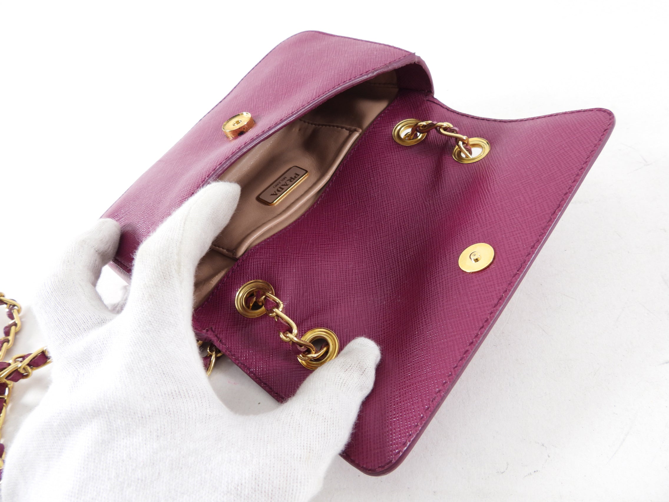 Prada Magenta Saffiano Leather Mini Chain Crossbody Bag