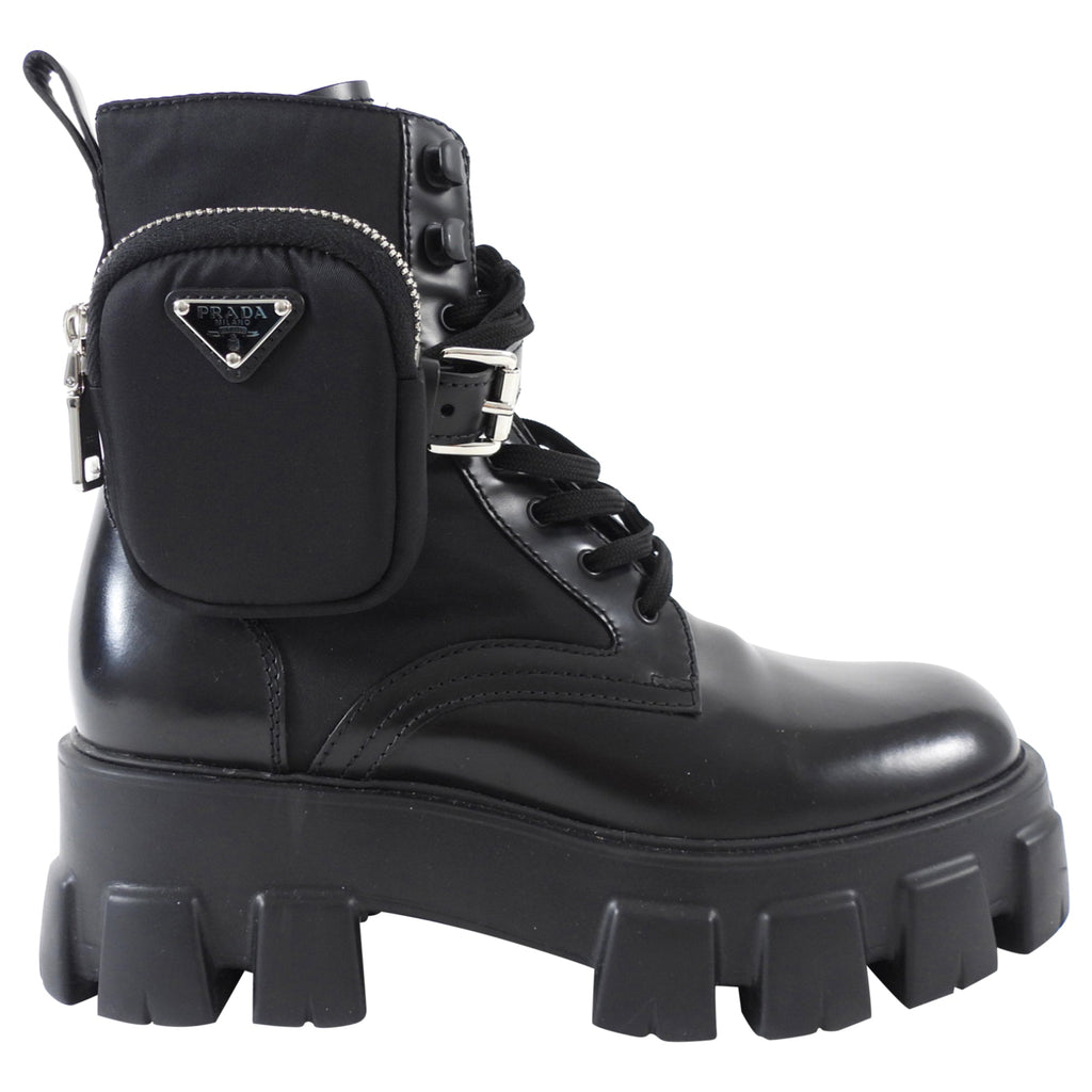 Prada Black Leather Re-Nylon Monolith Ankle Boot with Pouch - 37.5