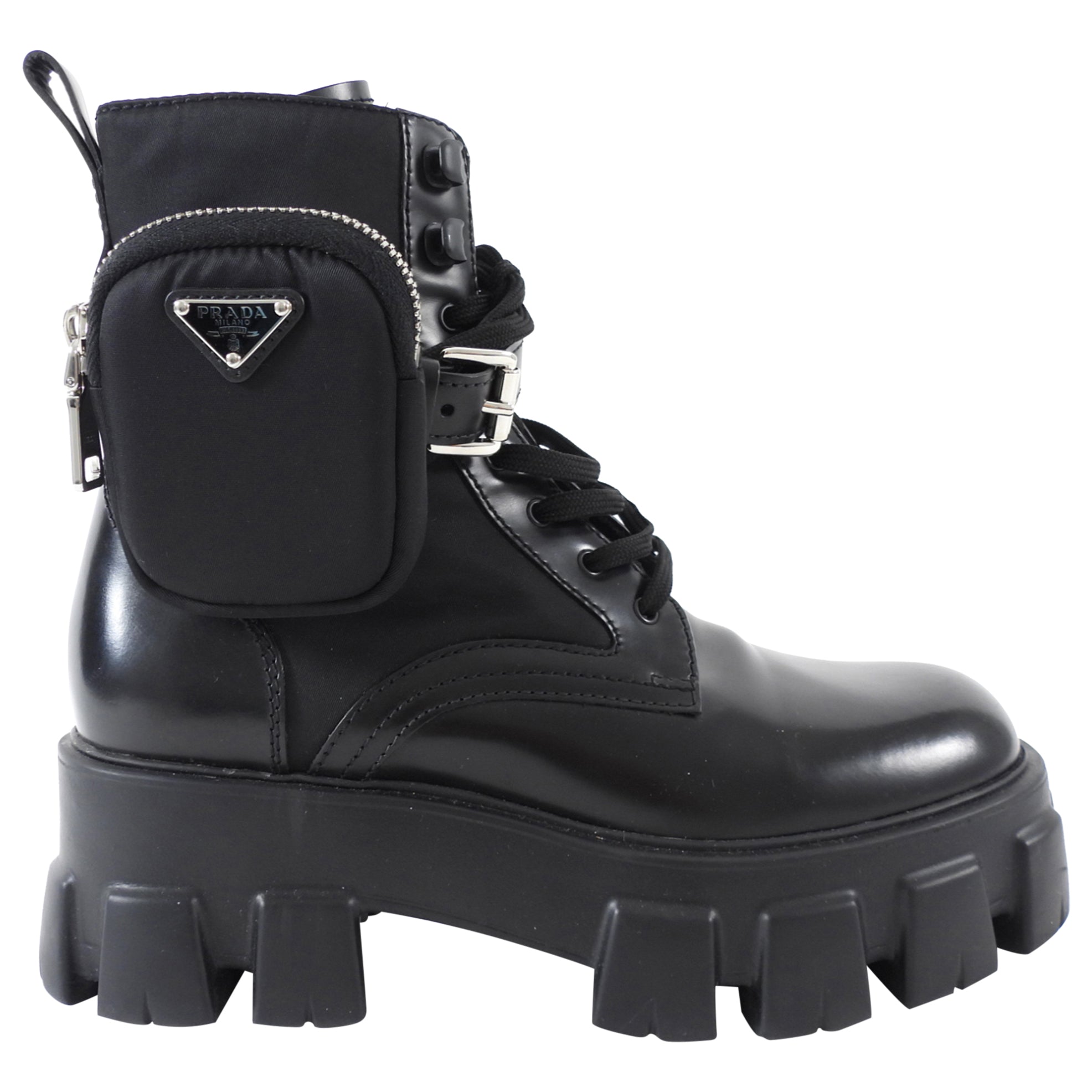 Prada Black Leather Re-Nylon Monolith Ankle Boot with Pouch - 37.5