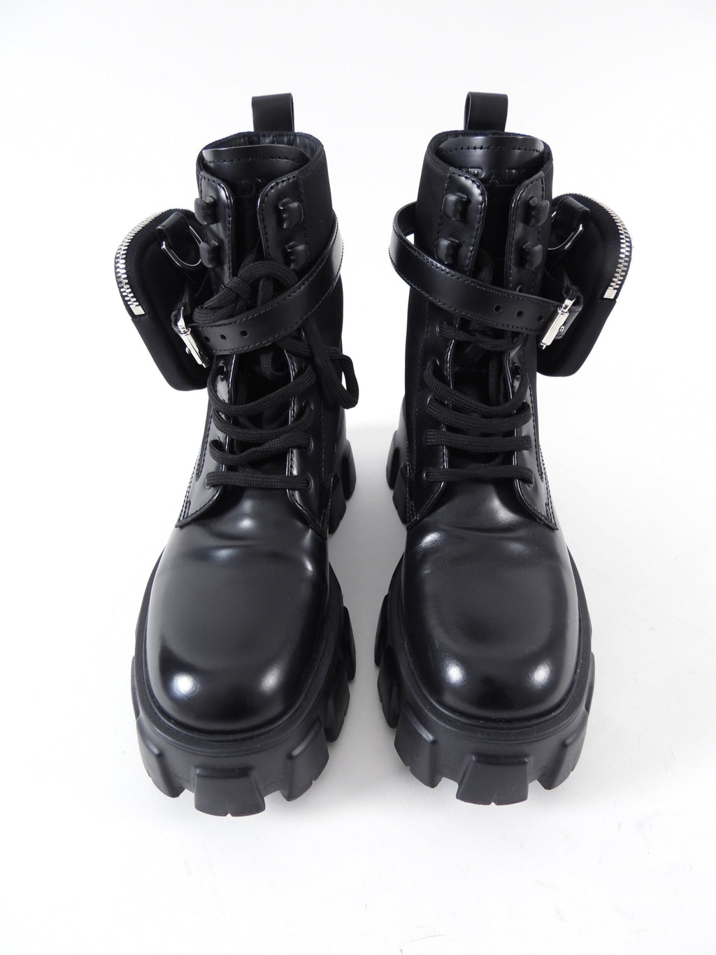 Prada Black Leather Re-Nylon Monolith Ankle Boot with Pouch - 37.5