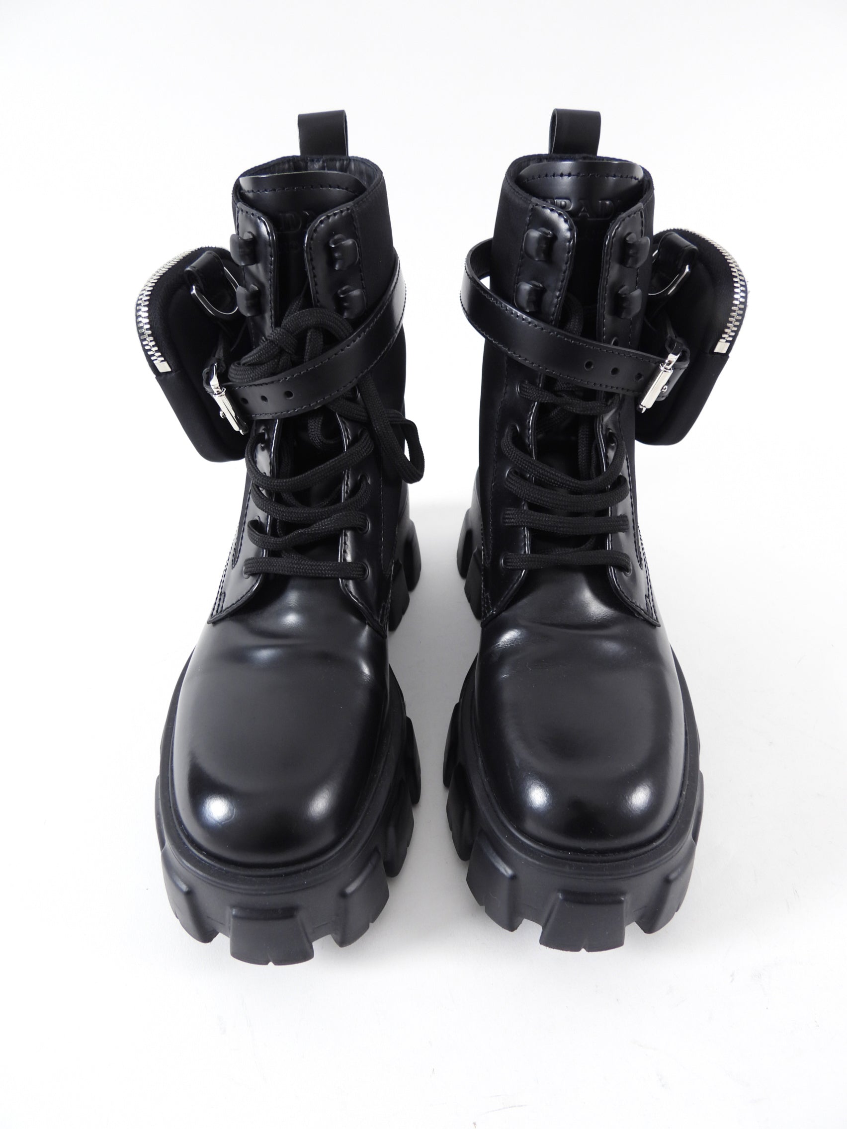Prada Black Leather Re-Nylon Monolith Ankle Boot with Pouch - 37.5