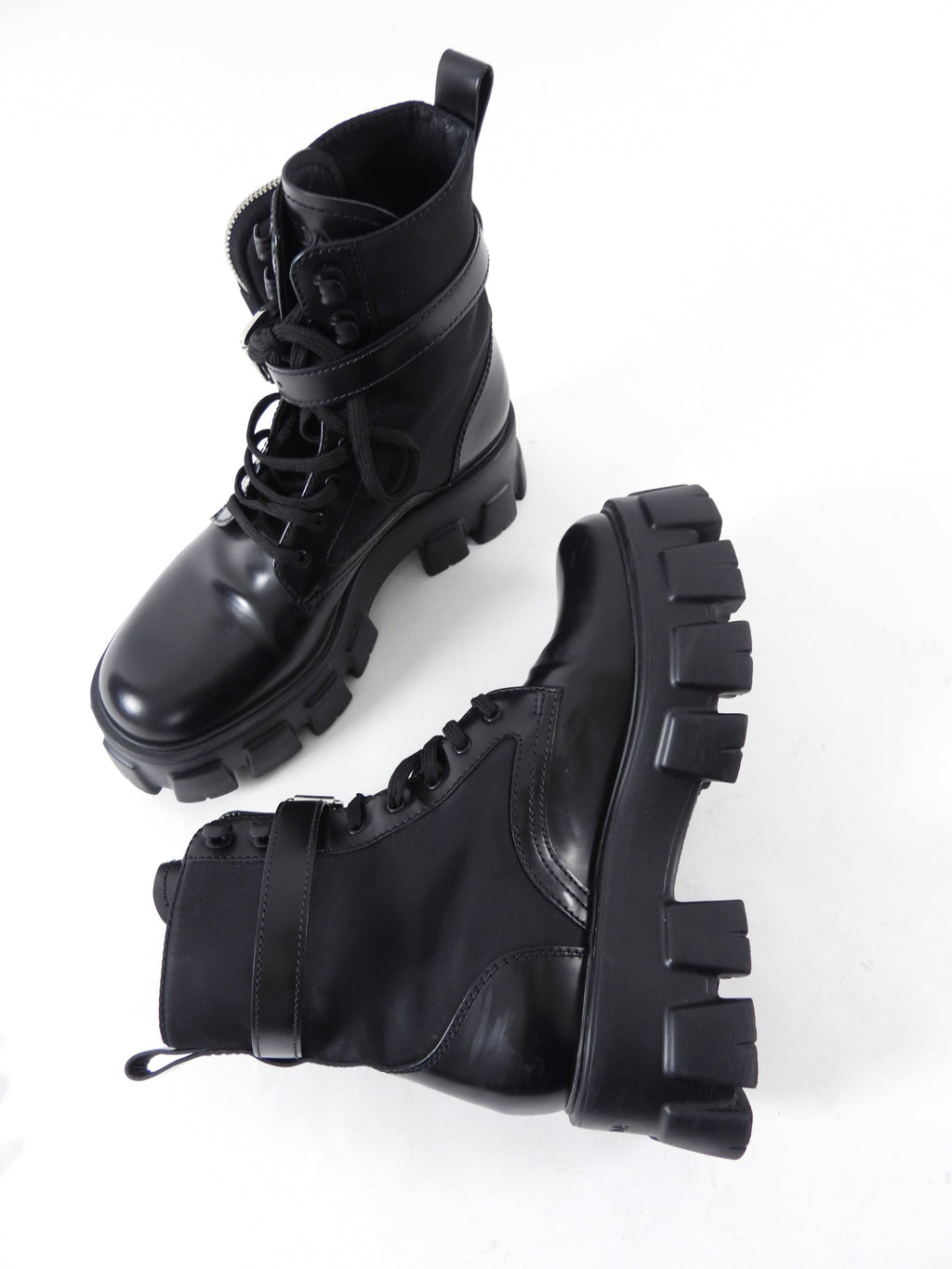 Prada Black Leather Re-Nylon Monolith Ankle Boot with Pouch - 37.5