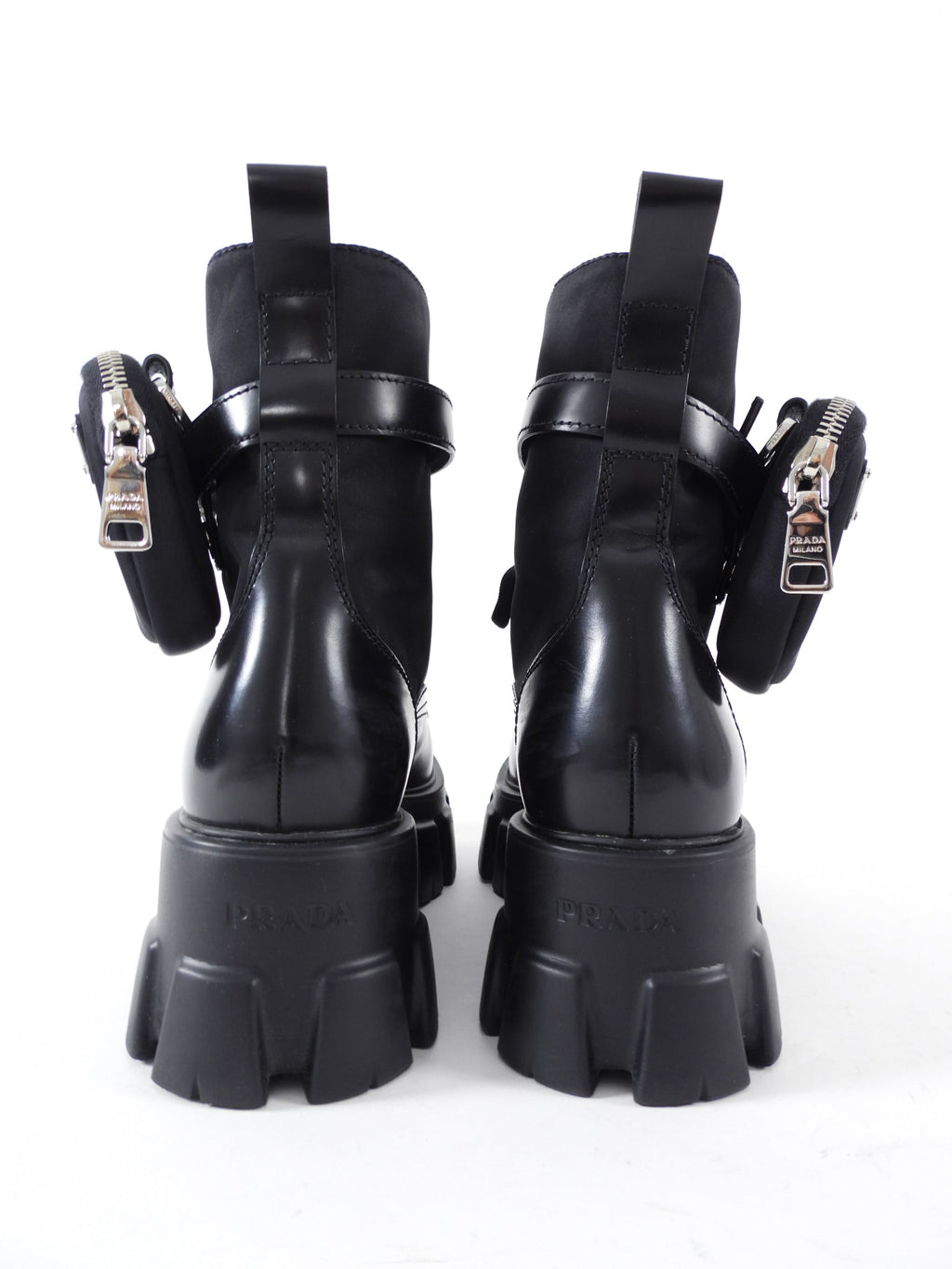 Prada Black Leather Re-Nylon Monolith Ankle Boot with Pouch - 37.5