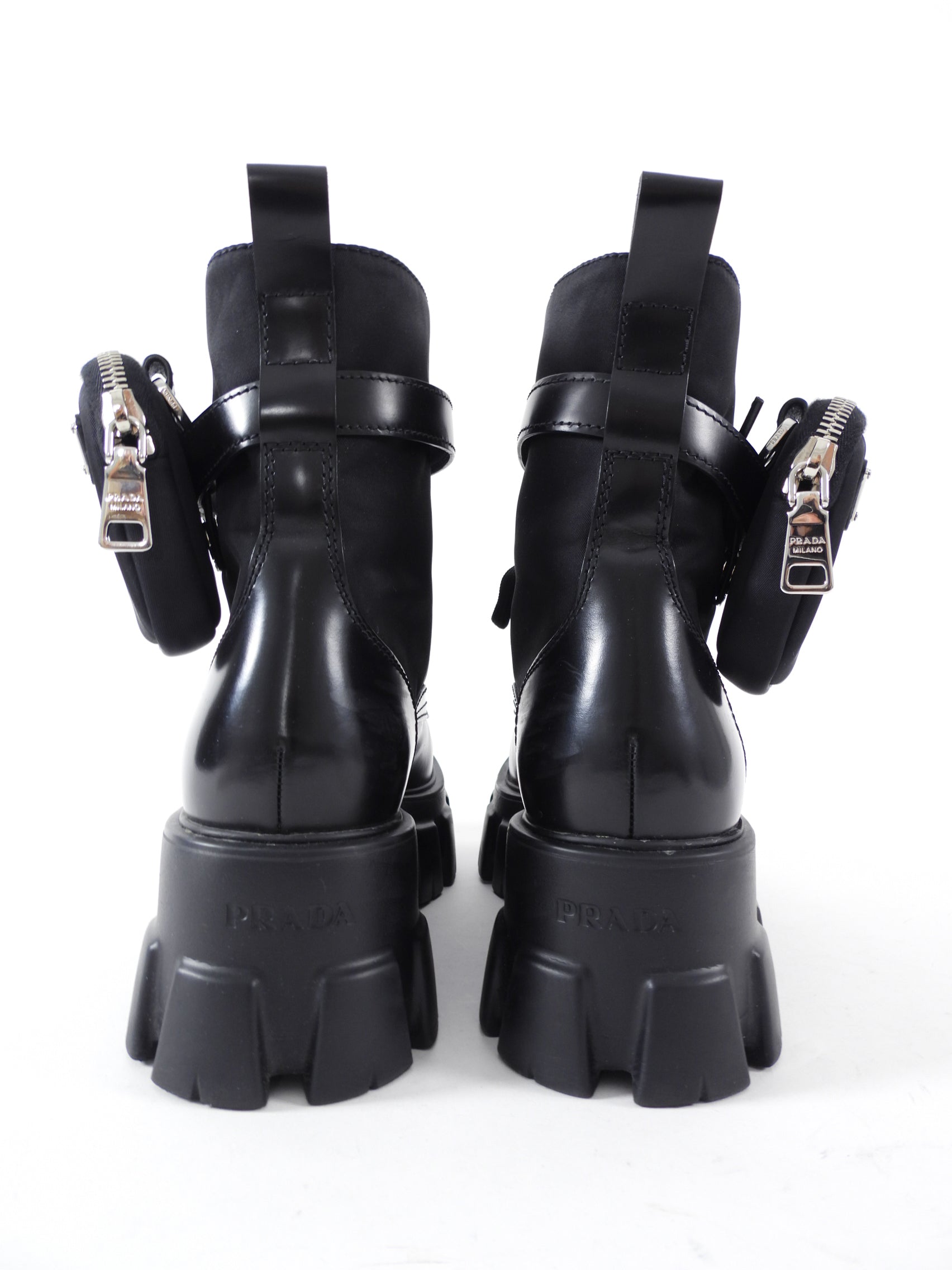 Prada Black Leather Re-Nylon Monolith Ankle Boot with Pouch - 37.5