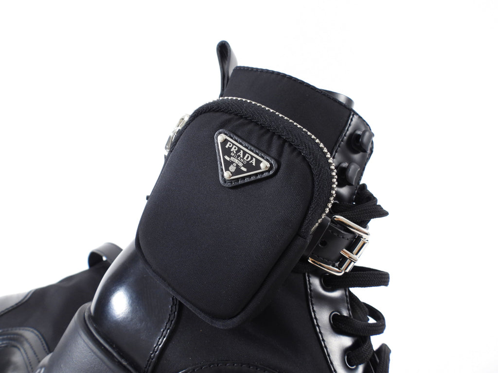 Prada Black Leather Re-Nylon Monolith Ankle Boot with Pouch - 37.5