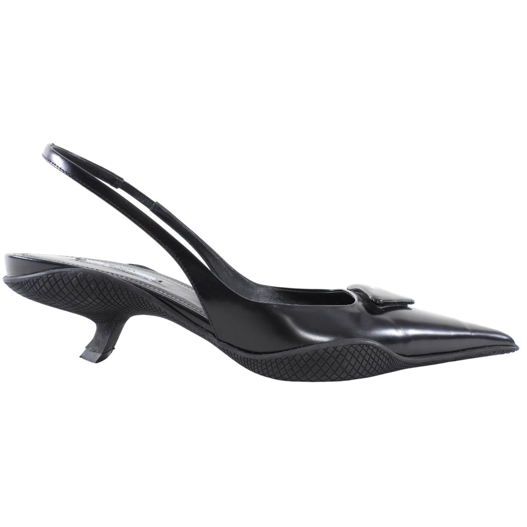 Prada Black Glossed Leather Pointed Triangle Slingback Mule - 39.5