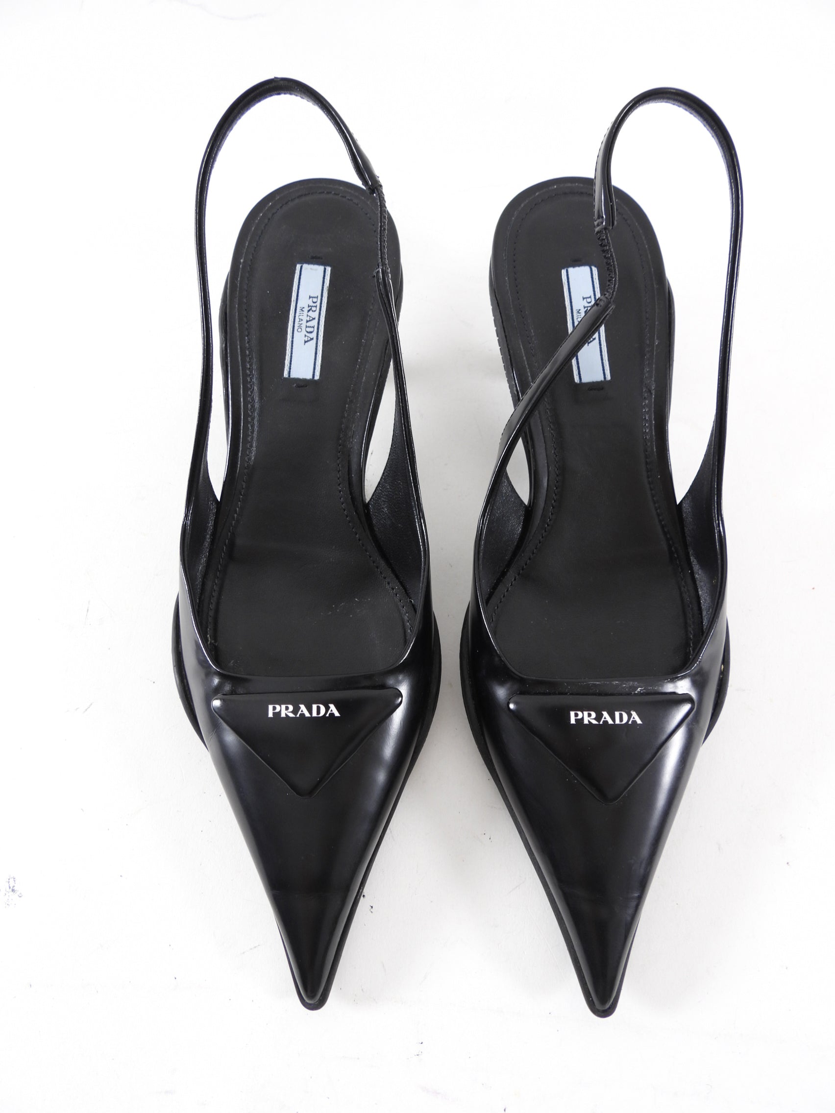 Prada Black Glossed Leather Pointed Triangle Slingback Mule - 39.5