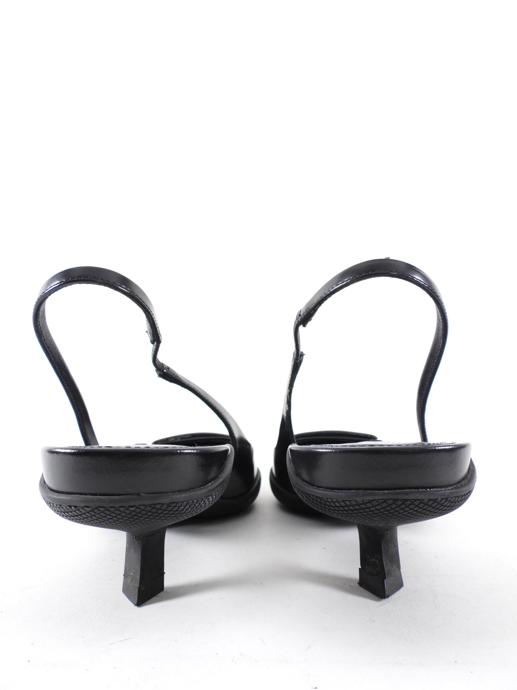 Prada Black Glossed Leather Pointed Triangle Slingback Mule - 39.5