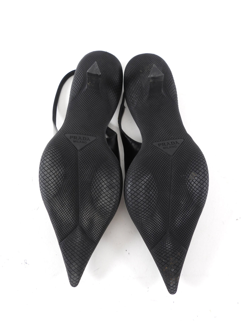 Prada Black Glossed Leather Pointed Triangle Slingback Mule - 39.5