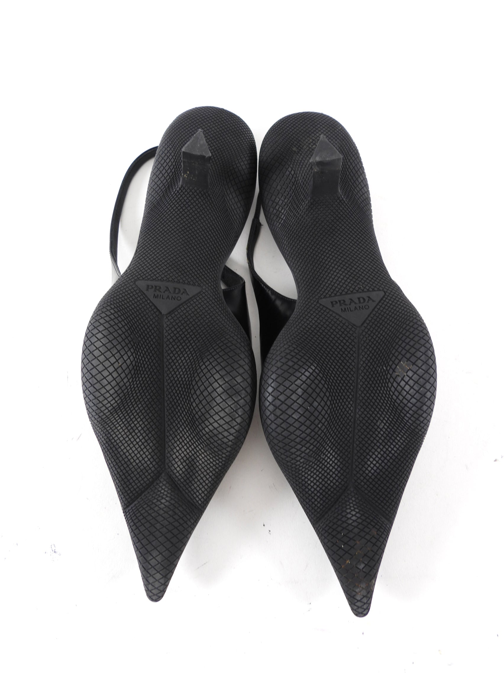 Prada Black Glossed Leather Pointed Triangle Slingback Mule - 39.5