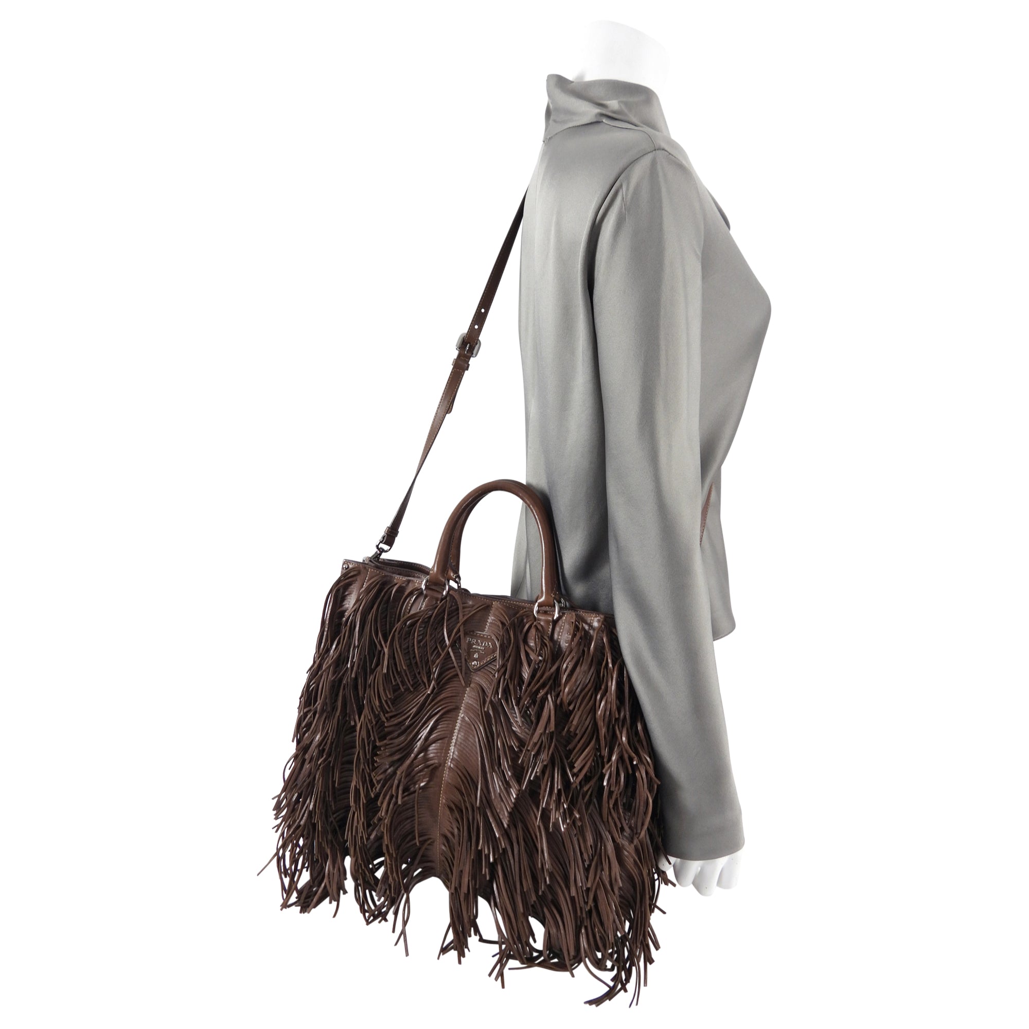 Prada Large Brown Nappa Fringe Two-Way Tote Bag