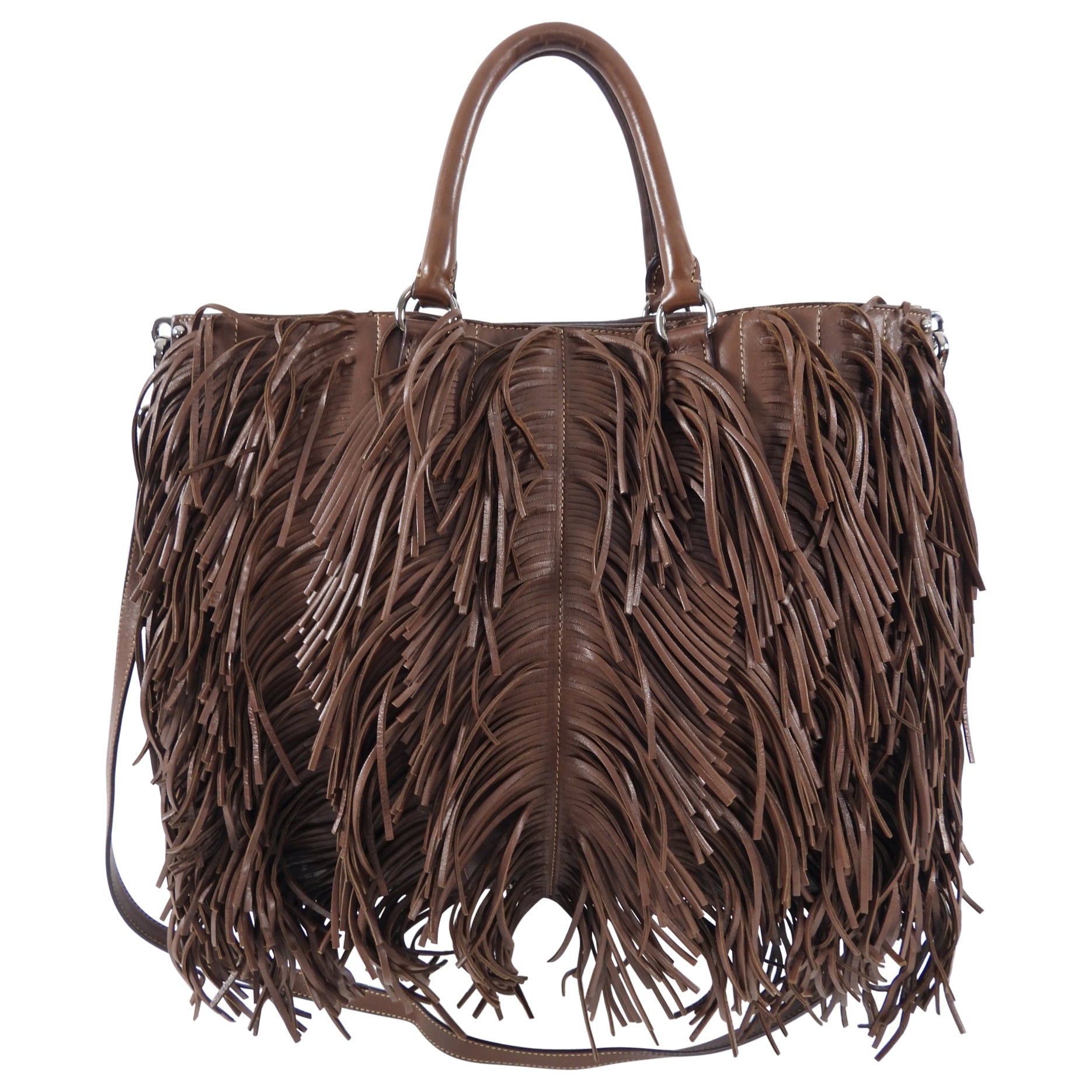 Prada Large Brown Nappa Fringe Two-Way Tote Bag