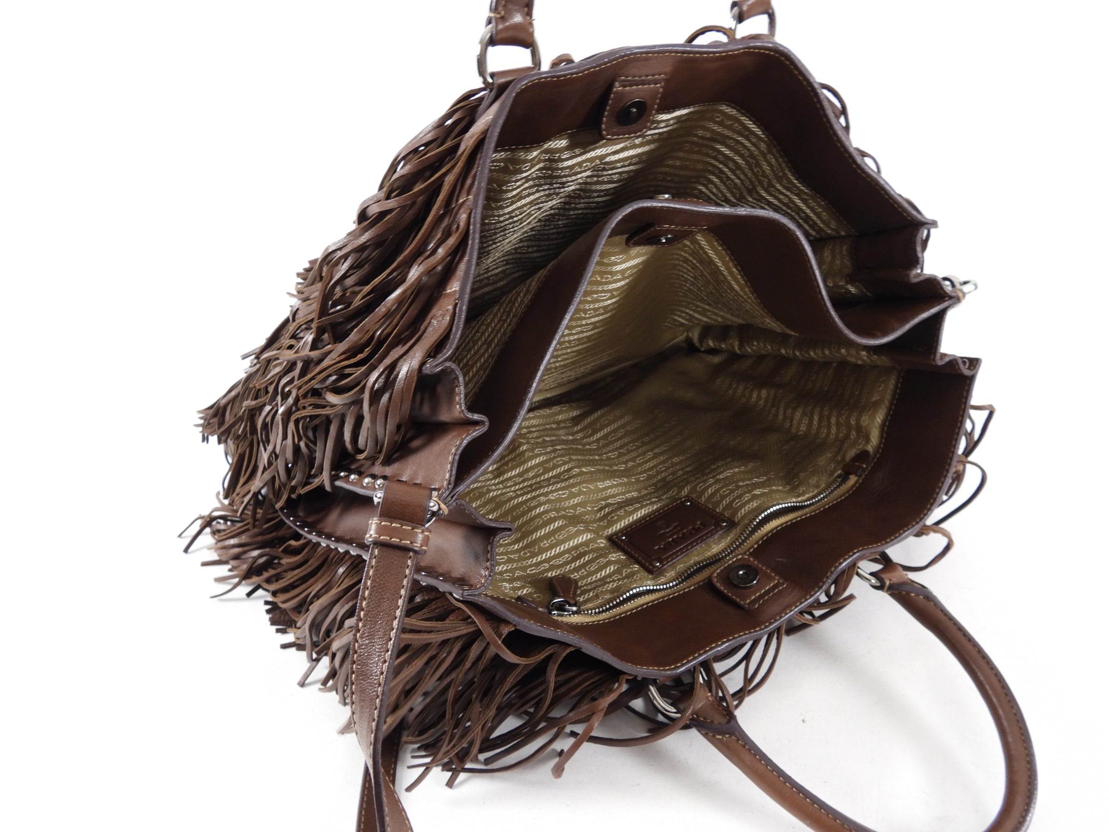 Prada Large Brown Nappa Fringe Two-Way Tote Bag