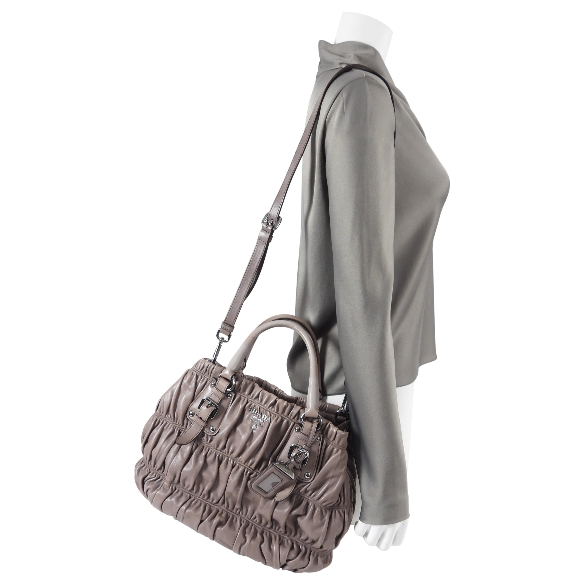 Prada Taupe Gaufre Pleated Two-Way Satchel Tote Bag