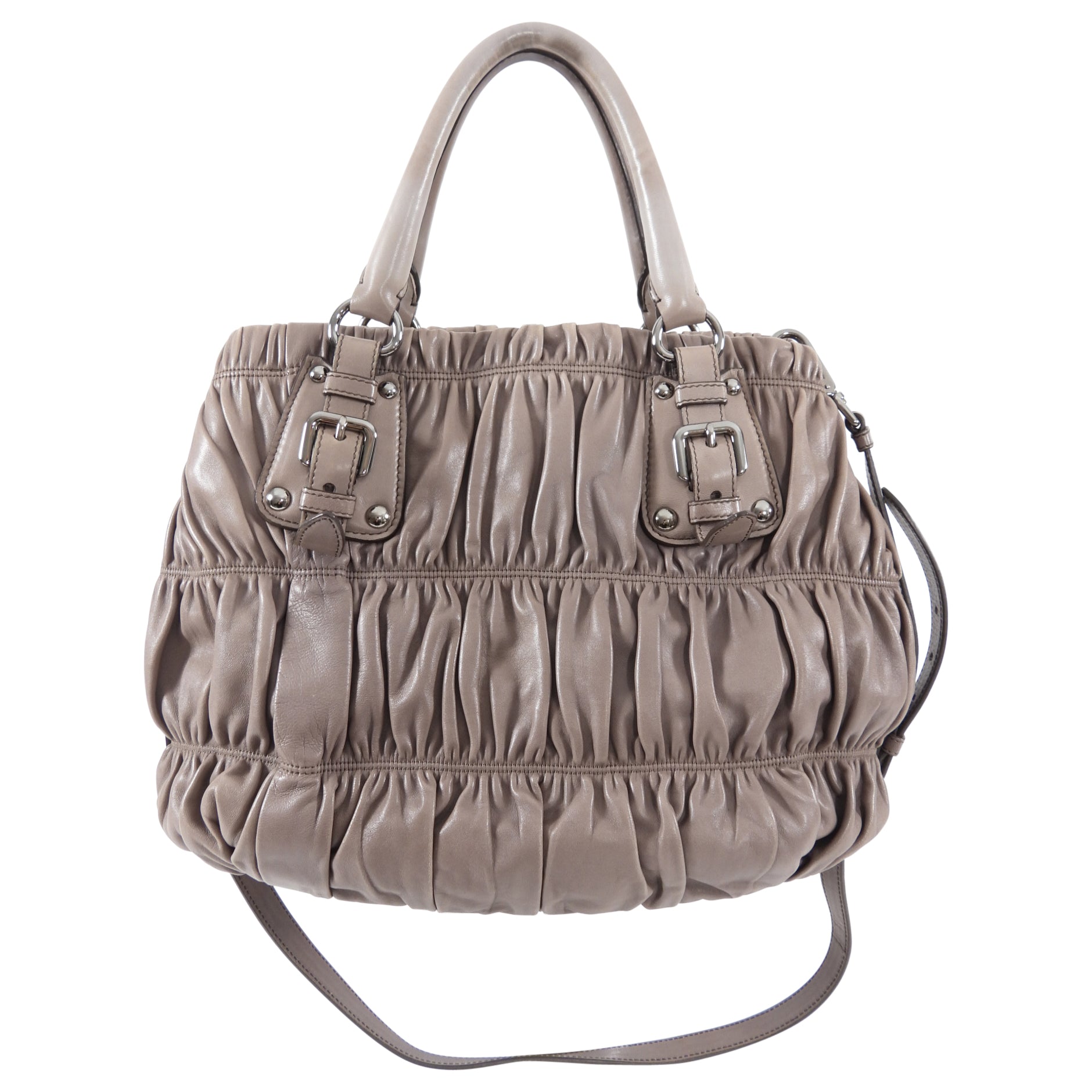 Prada Taupe Gaufre Pleated Two-Way Satchel Tote Bag