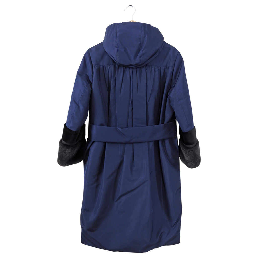 Prada Navy Hooded Puffer Coat with Mink and Sheared Fur Trim - IT38 / XS / S