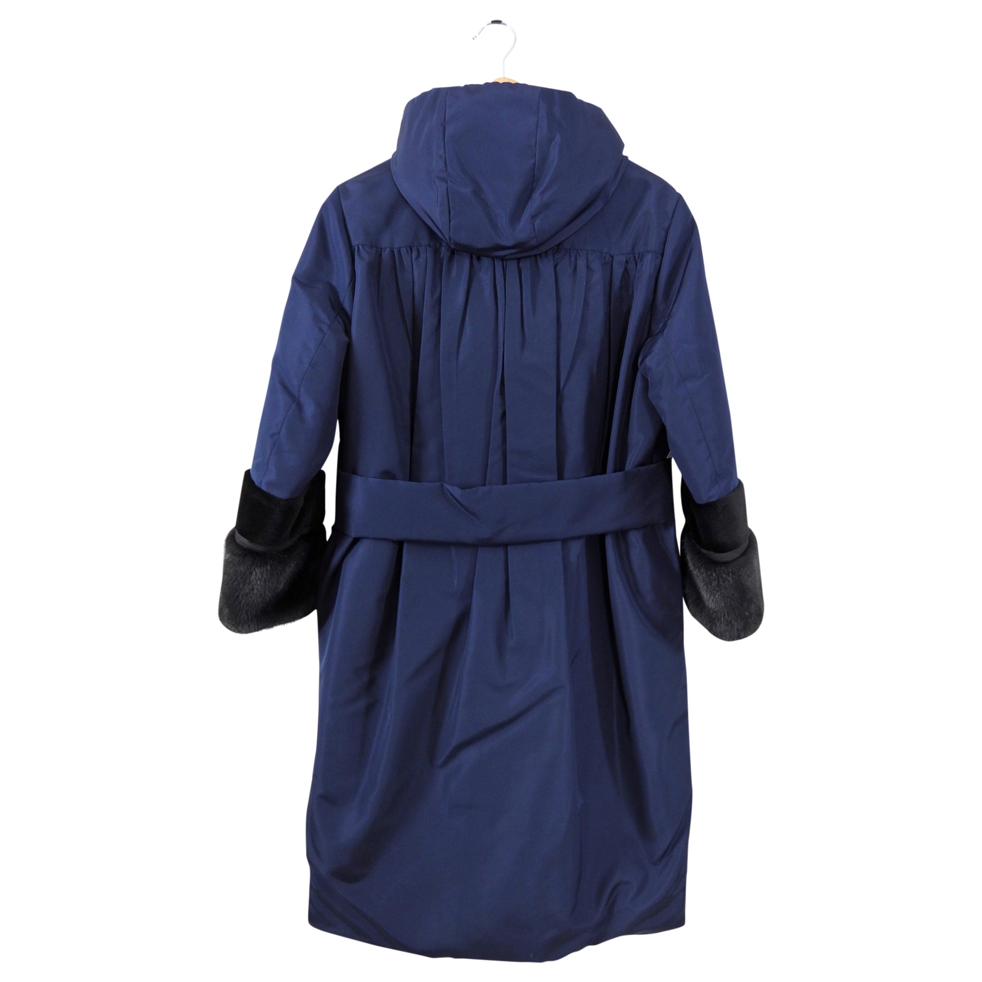 Prada Navy Hooded Puffer Coat with Mink and Sheared Fur Trim - IT38 / XS / S
