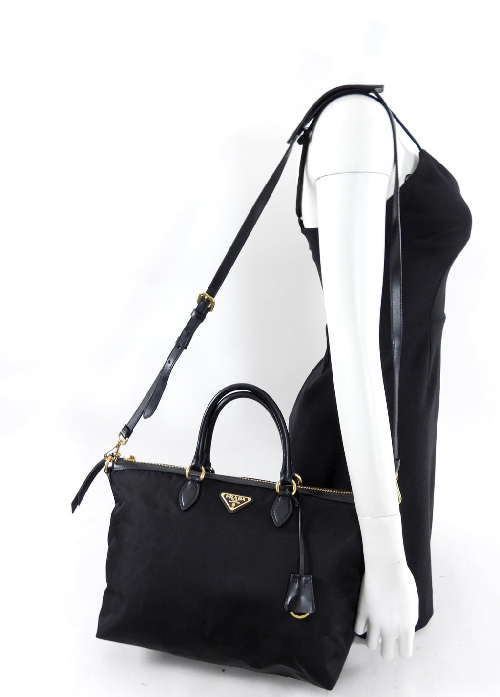 Prada Black and Gold Nylon Tessuto Two Way Tote Bag
