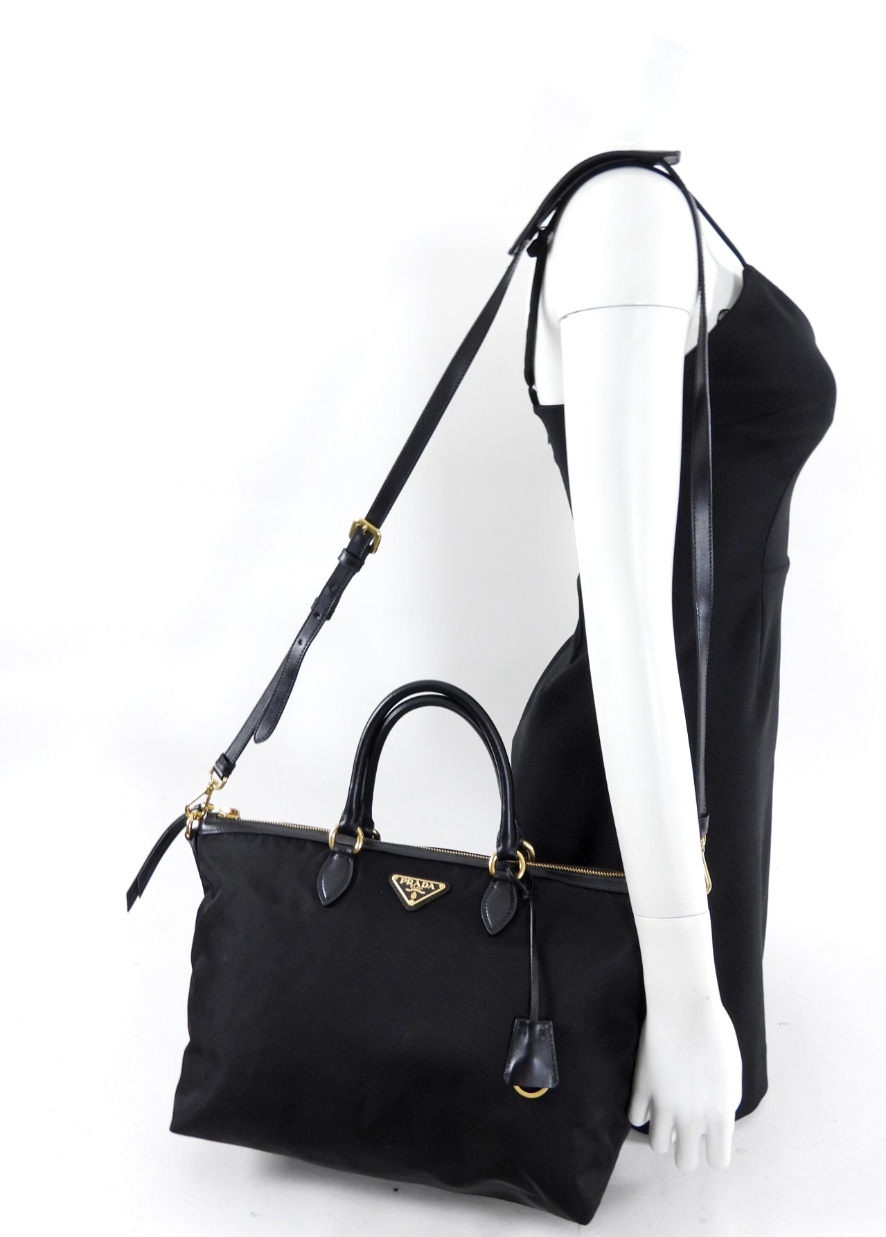 Prada Black and Gold Nylon Tessuto Two Way Tote Bag