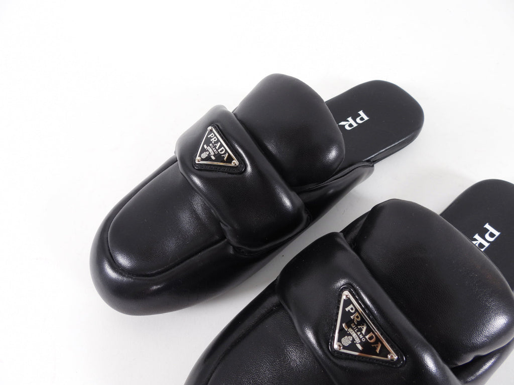 Prada Black Leather Puffy Flat Slide Slippers - 37