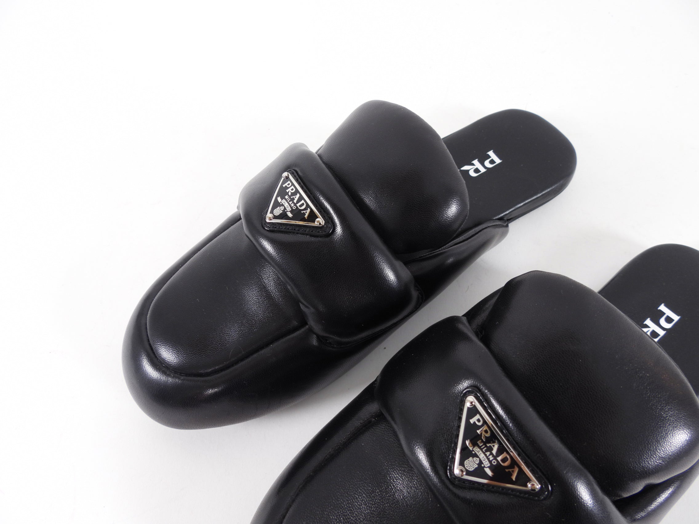 Prada Black Leather Puffy Flat Slide Slippers - 37